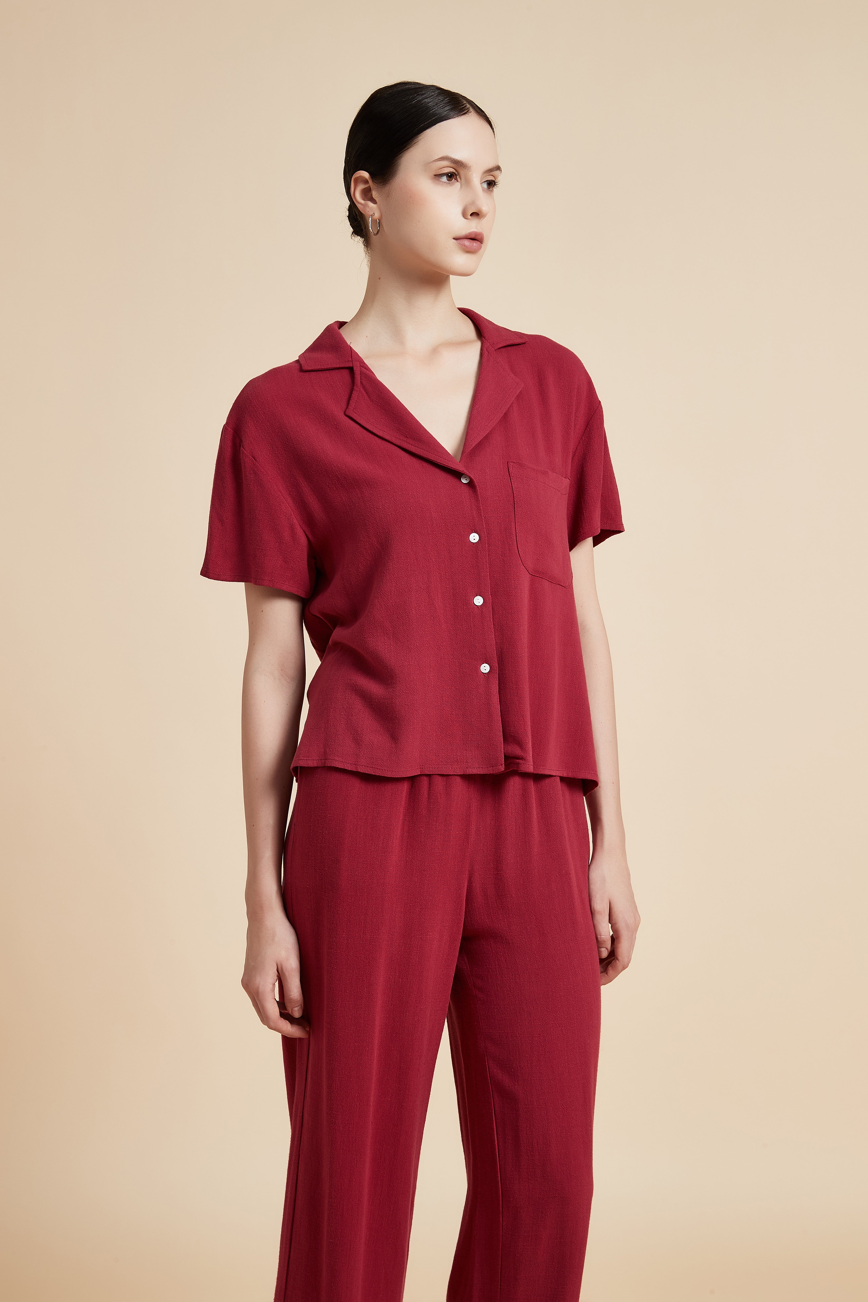 Solid Short Sleeve Blouse with Front Buttons