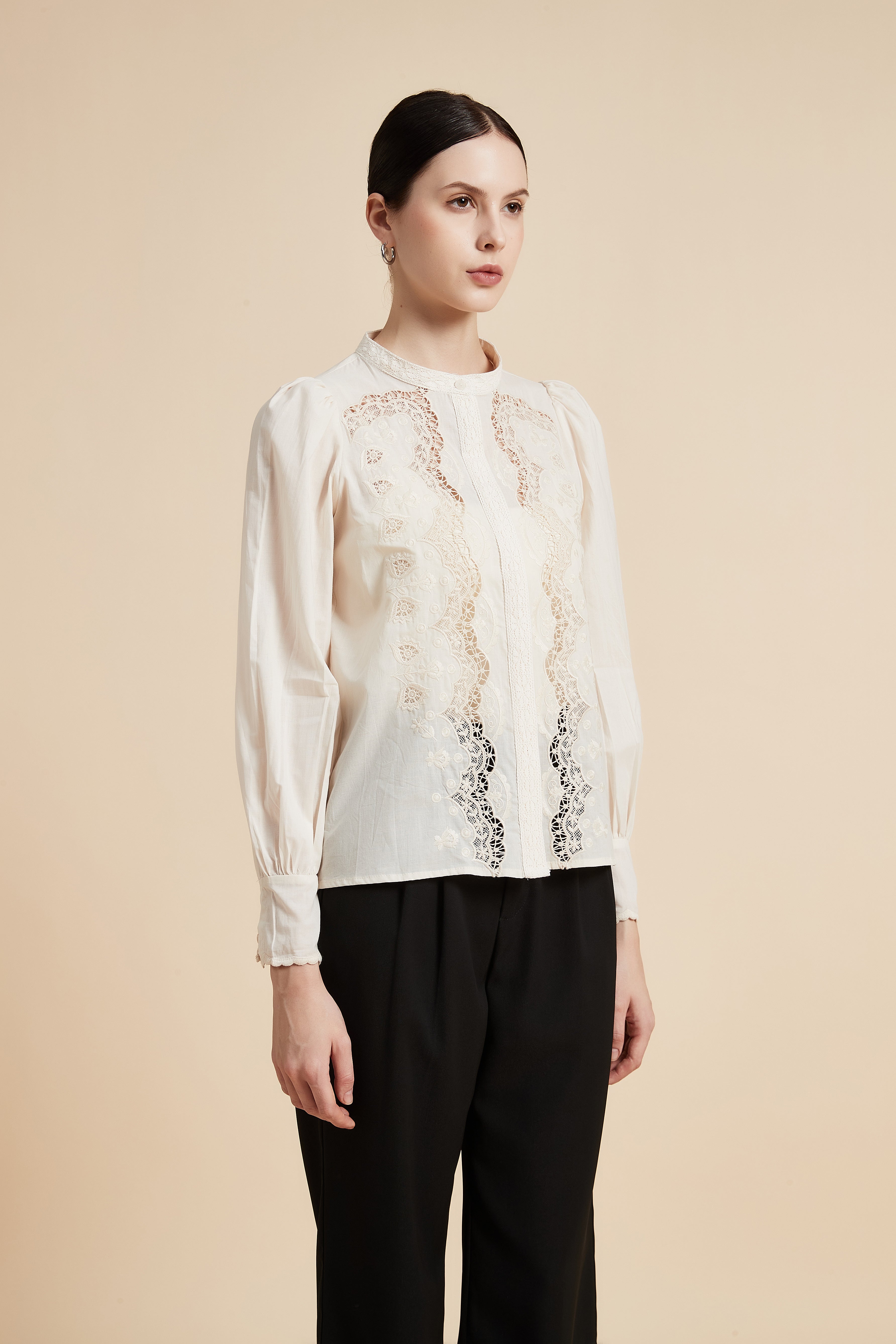 Lace Long Sleeve Top with Round Neck