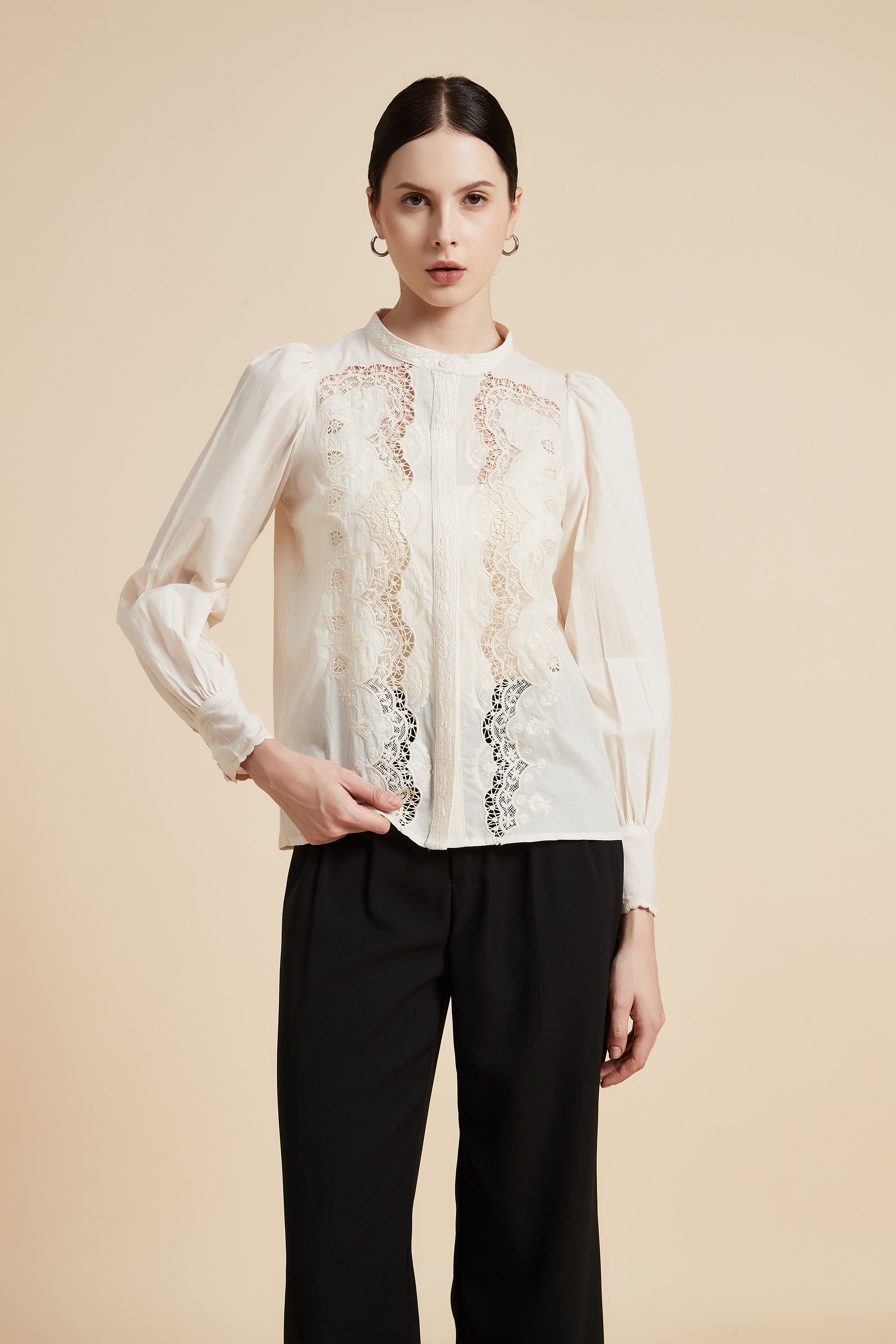 Lace Long Sleeve Top with Round Neck