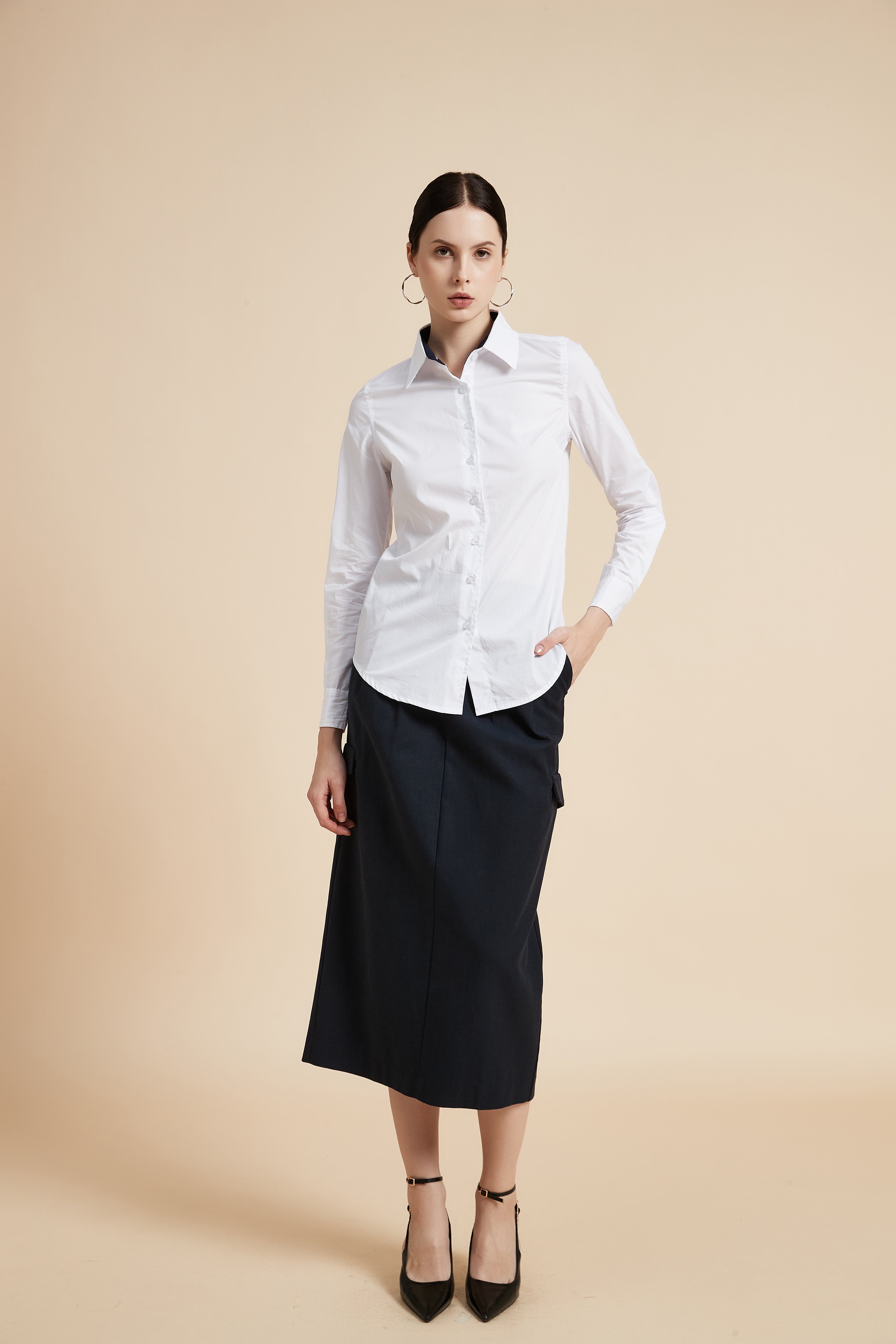 Solid Long Sleeve Blouse with Shirt Collar