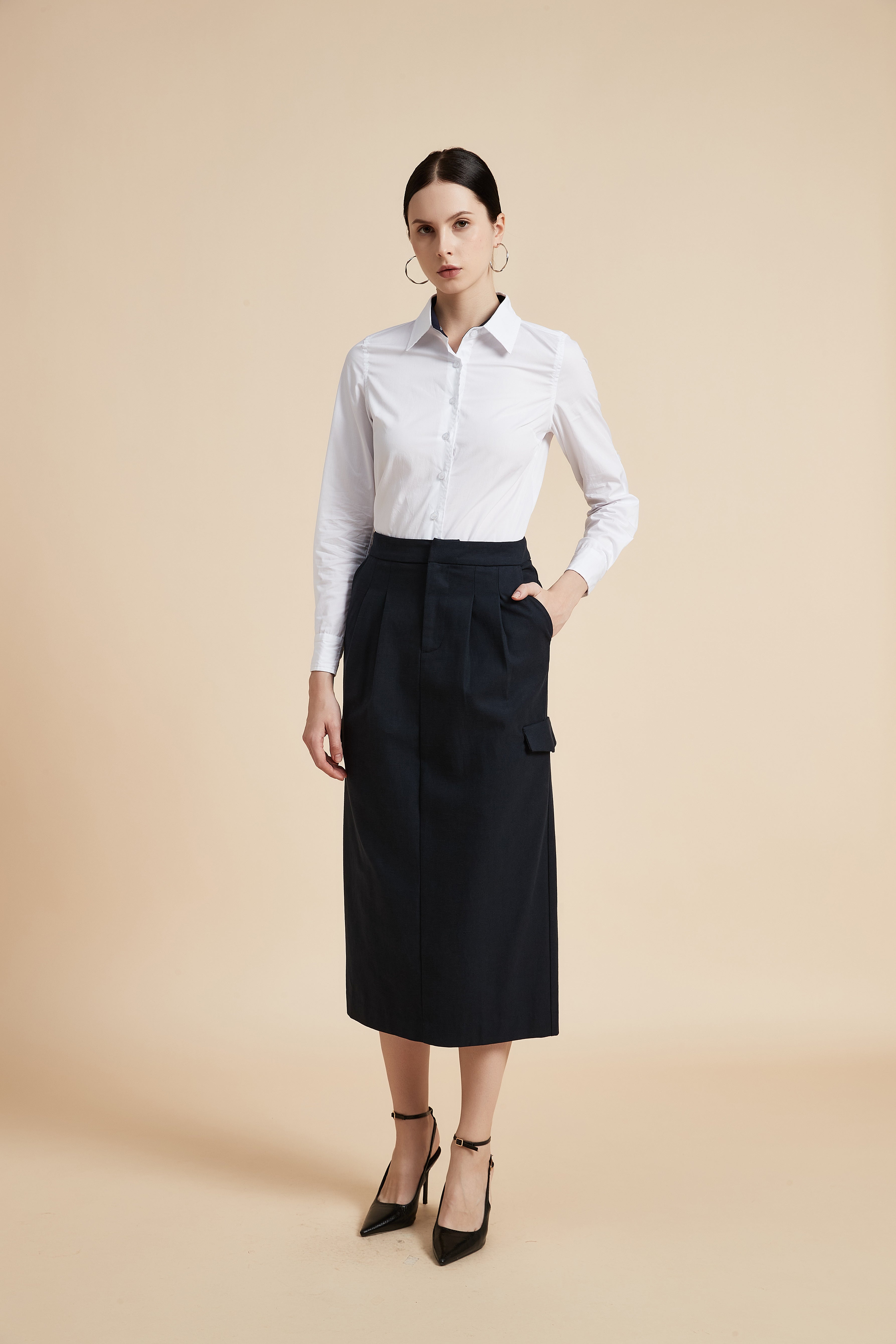 Solid Midi Skirt with Side Pockets