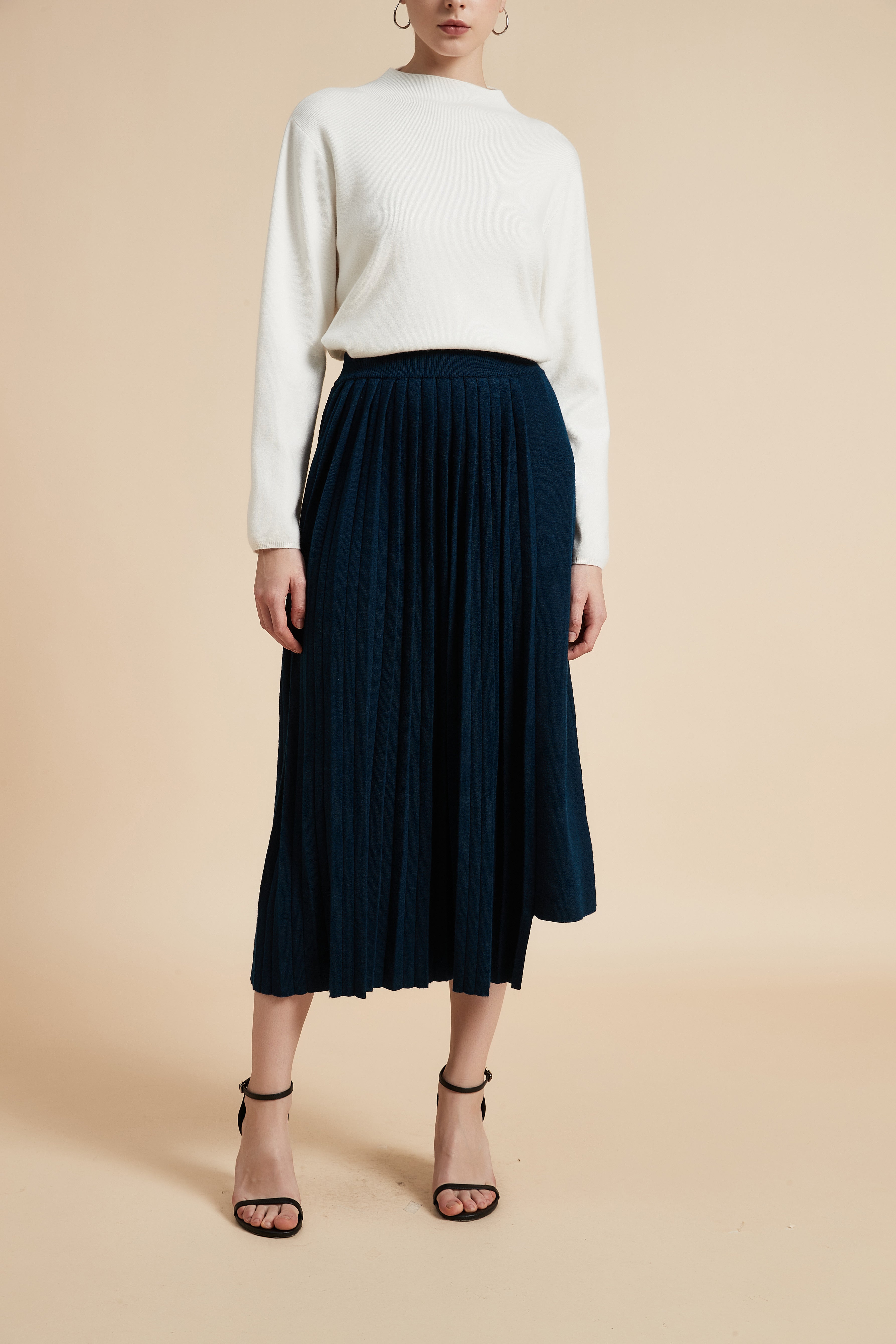 Solid Pleated Midi Skirt