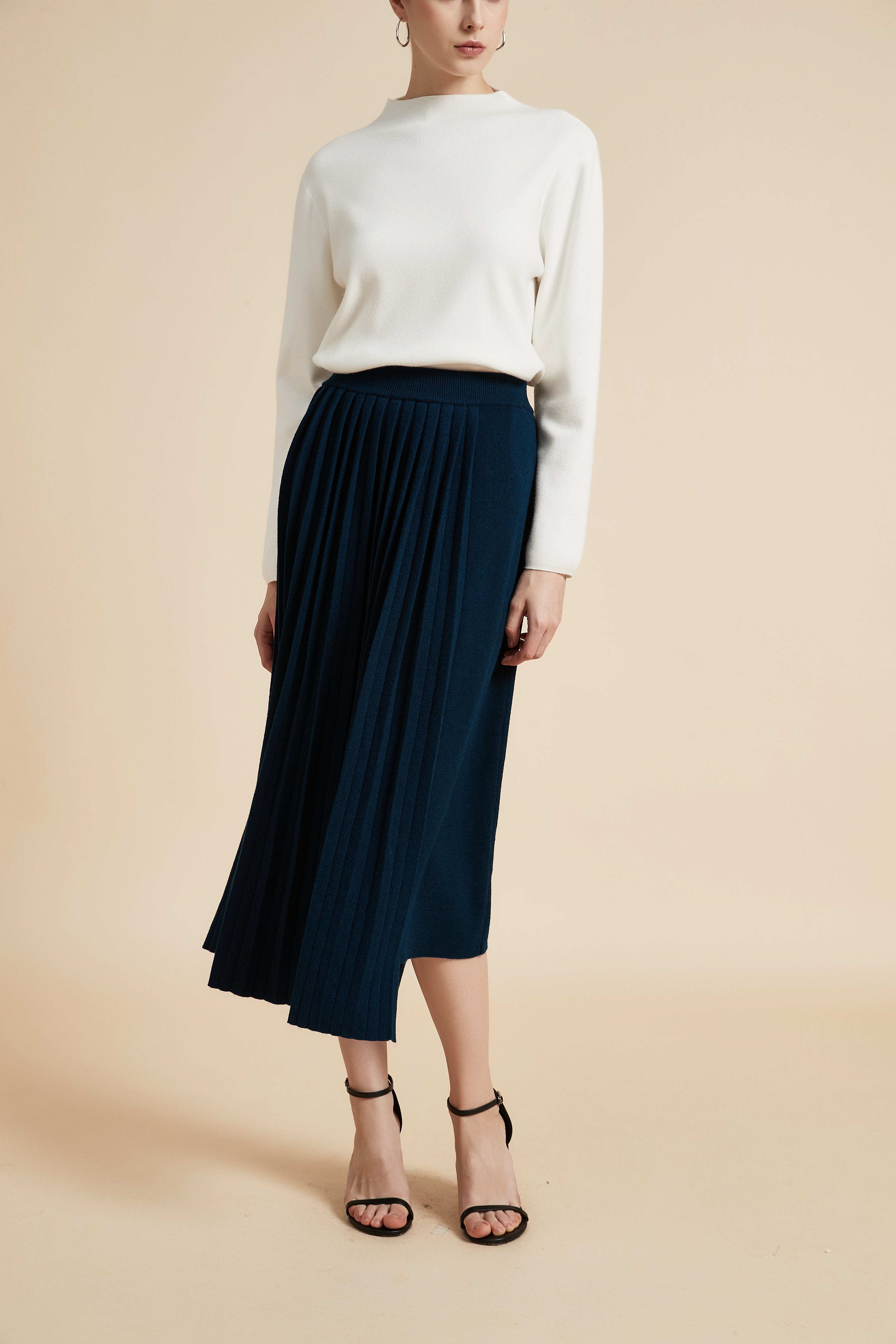 Solid Pleated Midi Skirt