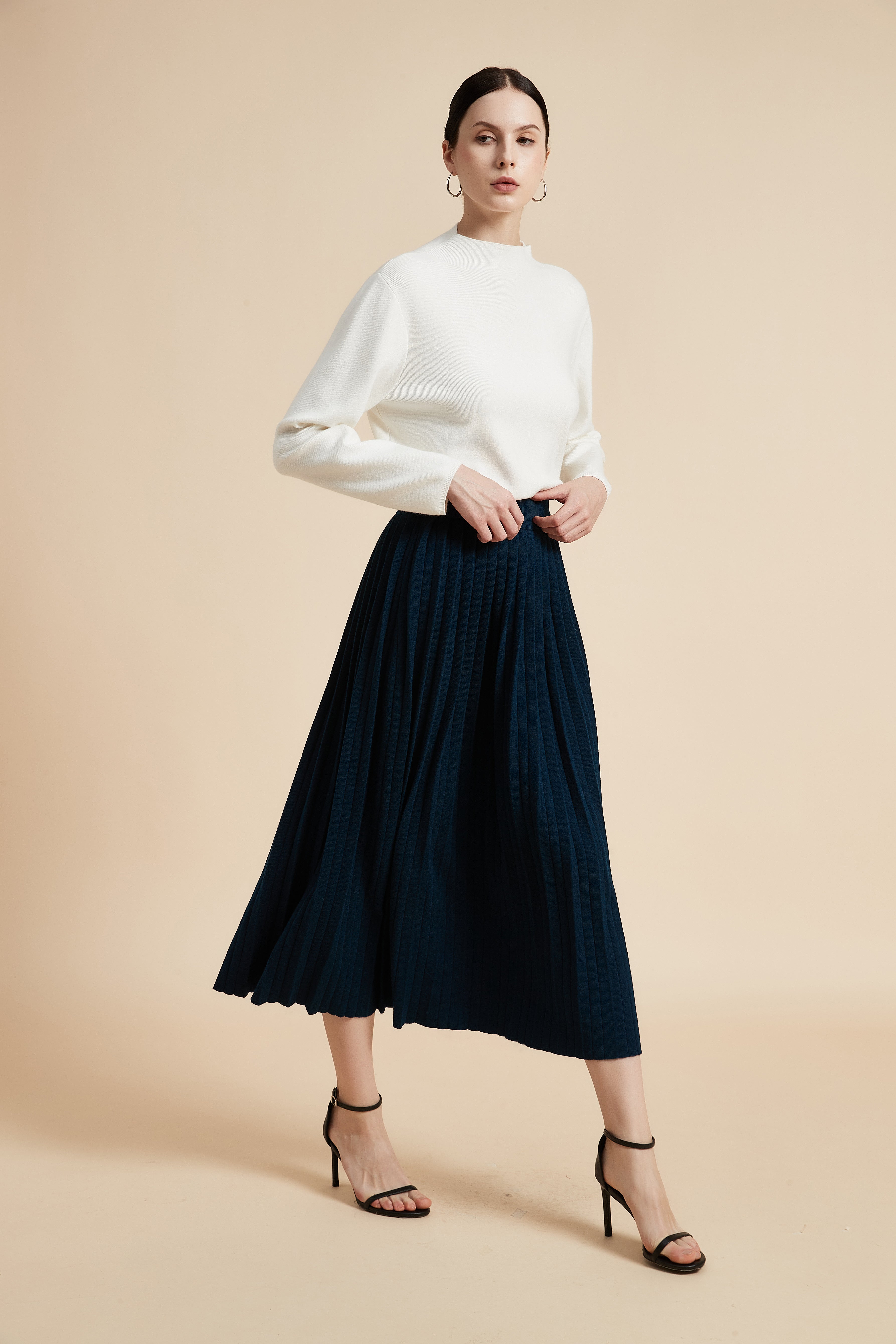 Solid Pleated Midi Skirt