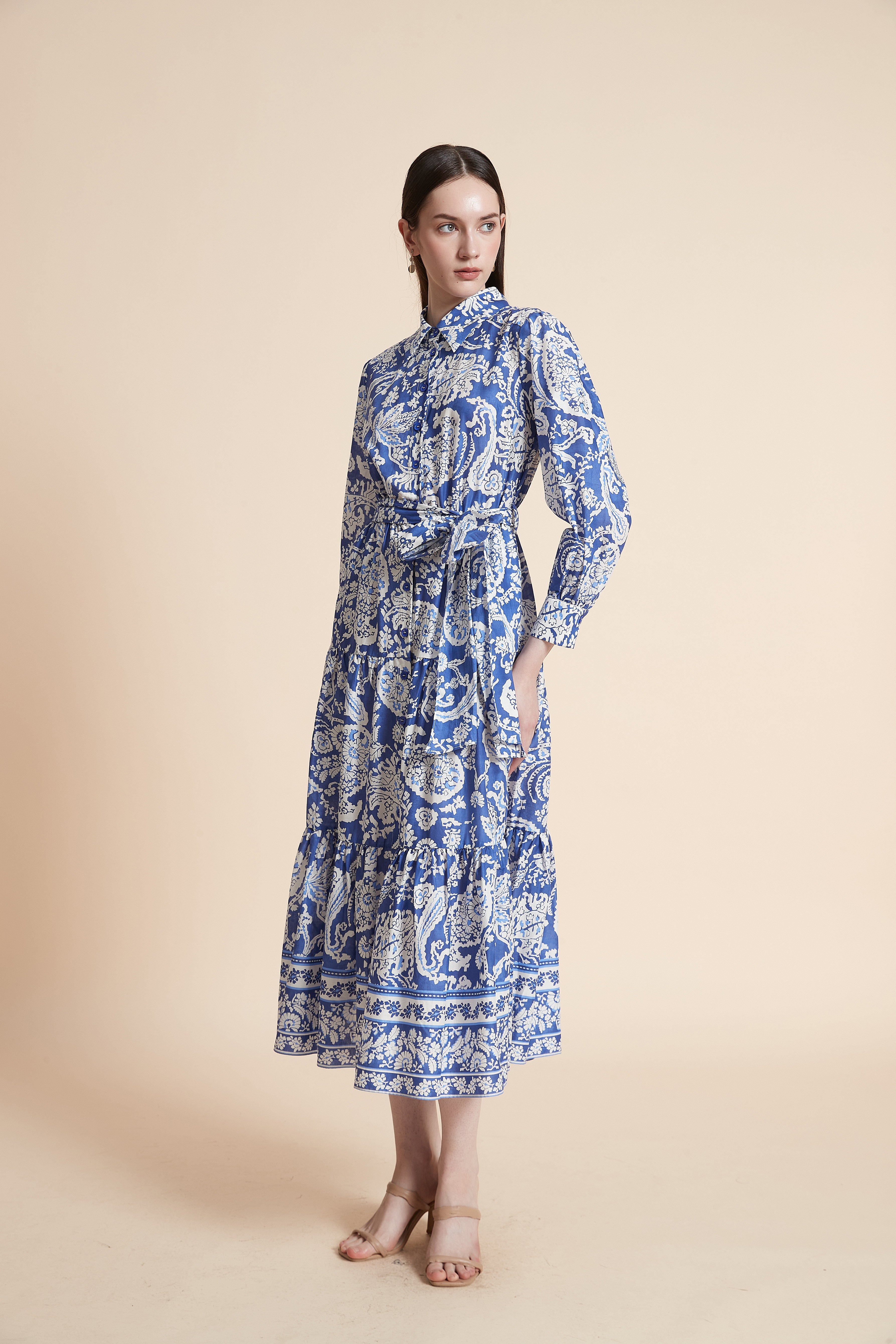 فستان ماكسي منقوش بأكمام ثلاثة أرباع