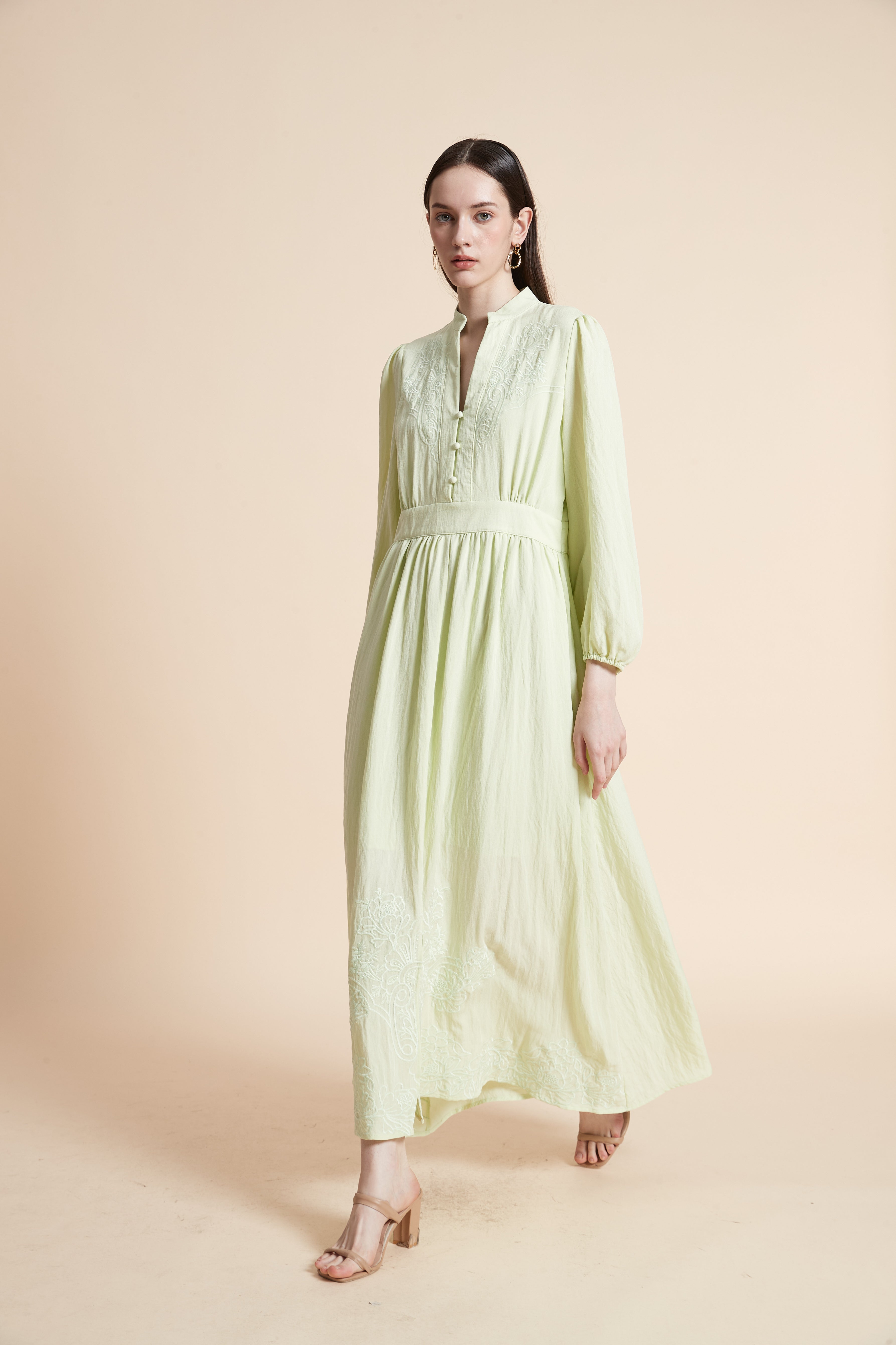 Embroidered Long Sleeve Maxi Dress