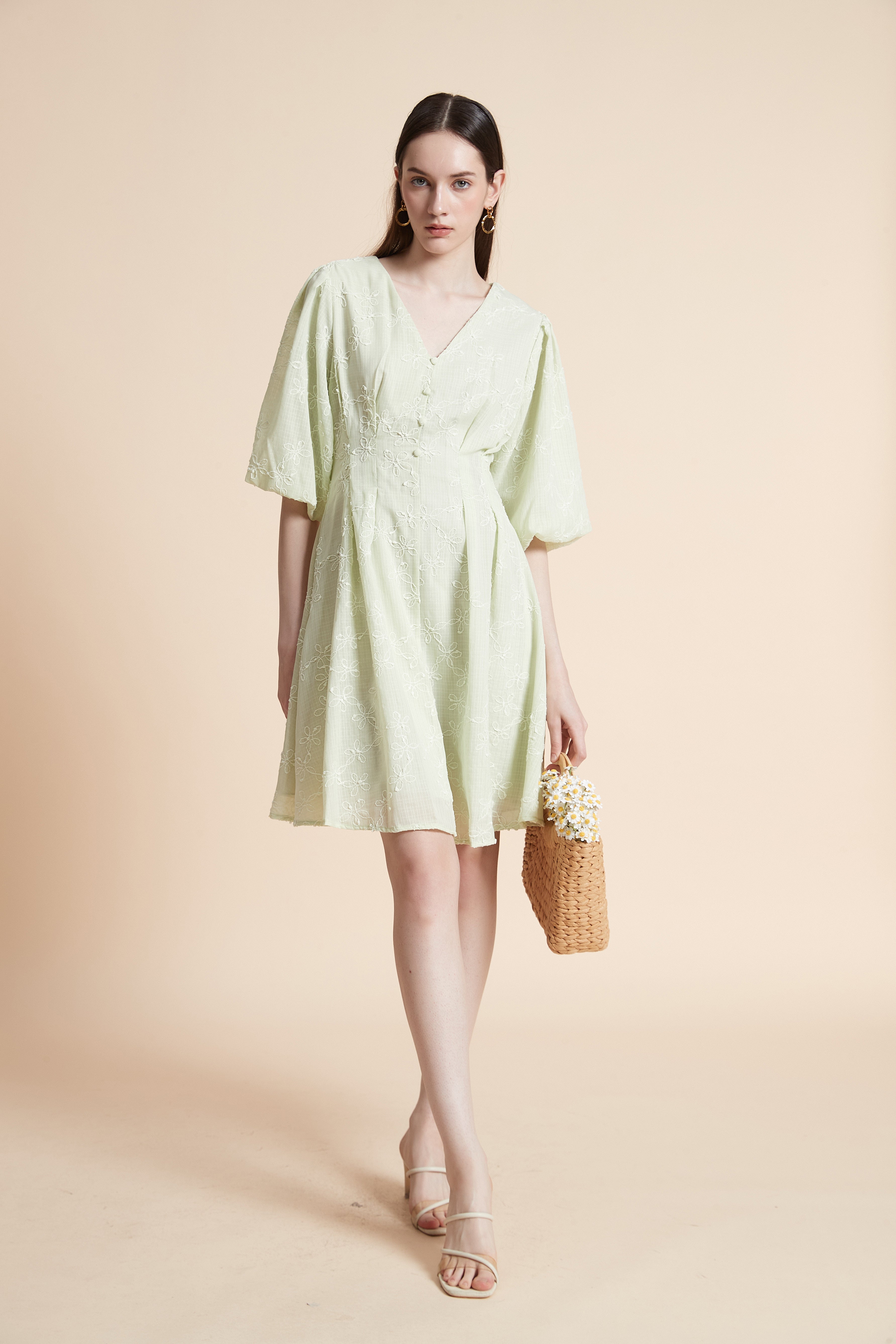 فستان بطول الركبة مطرز بأكمام قصيرة