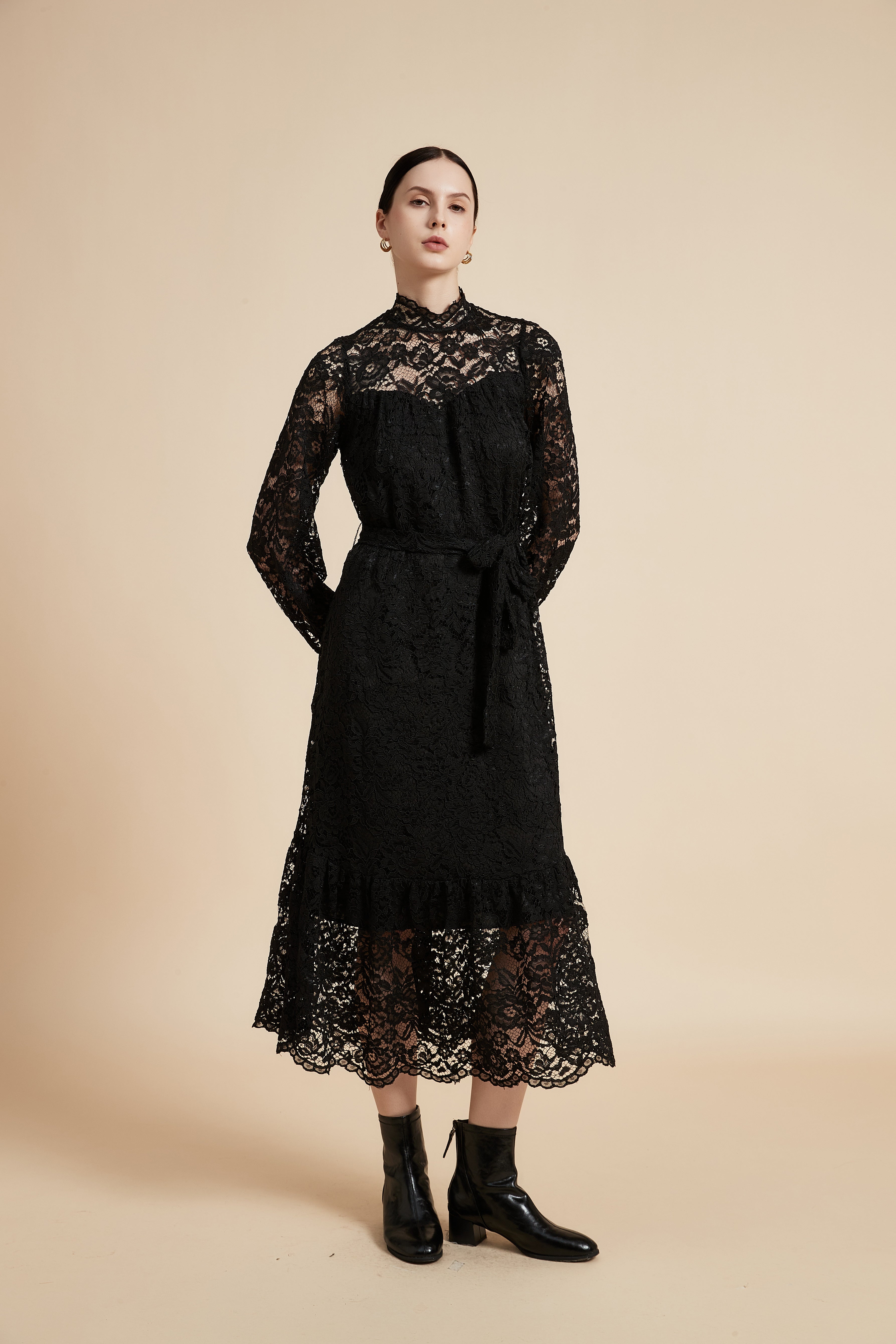 Long Sleeve Midi Dress with Lace Details