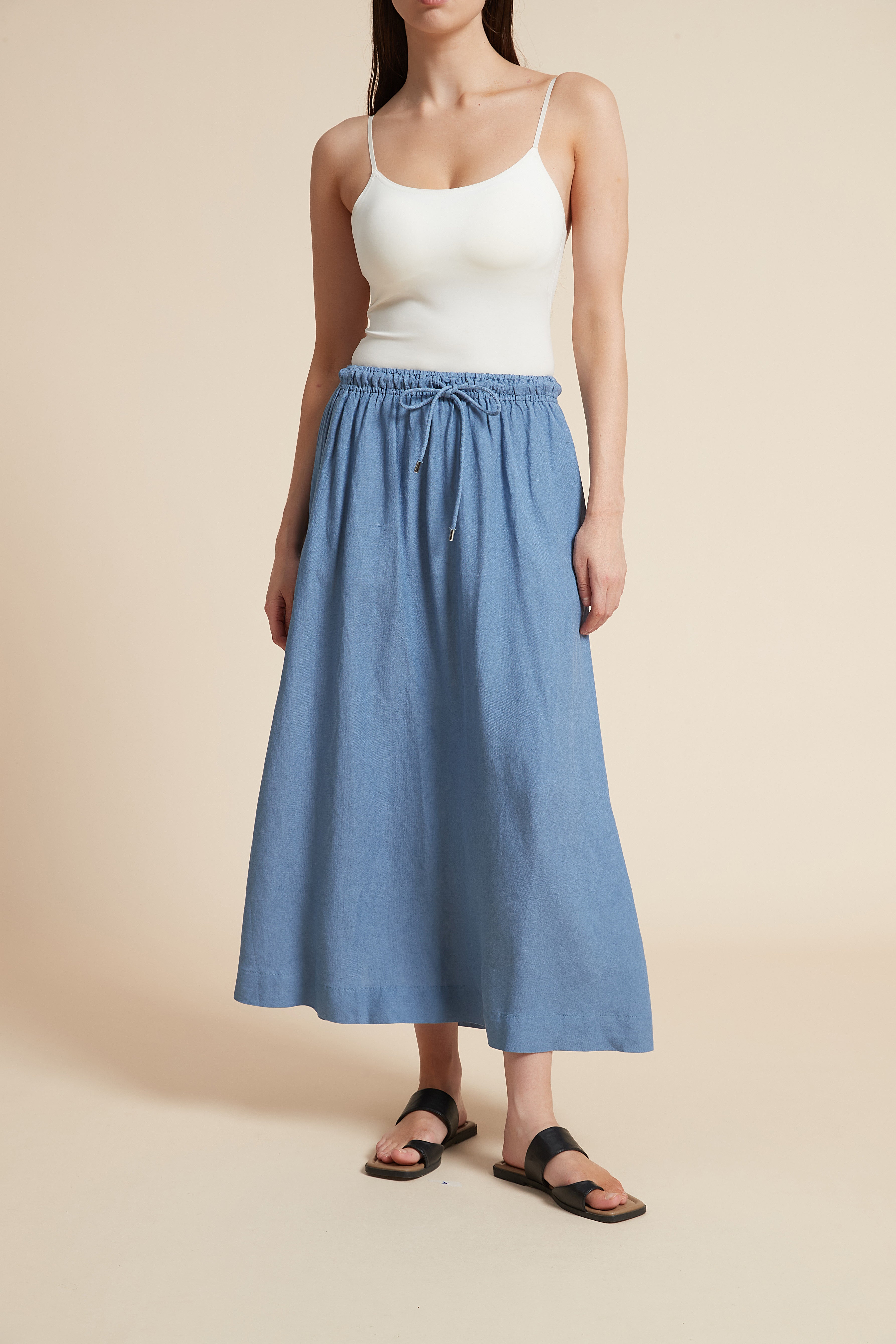 Plain Midi Skirt with Flared Cut and Waist Tie