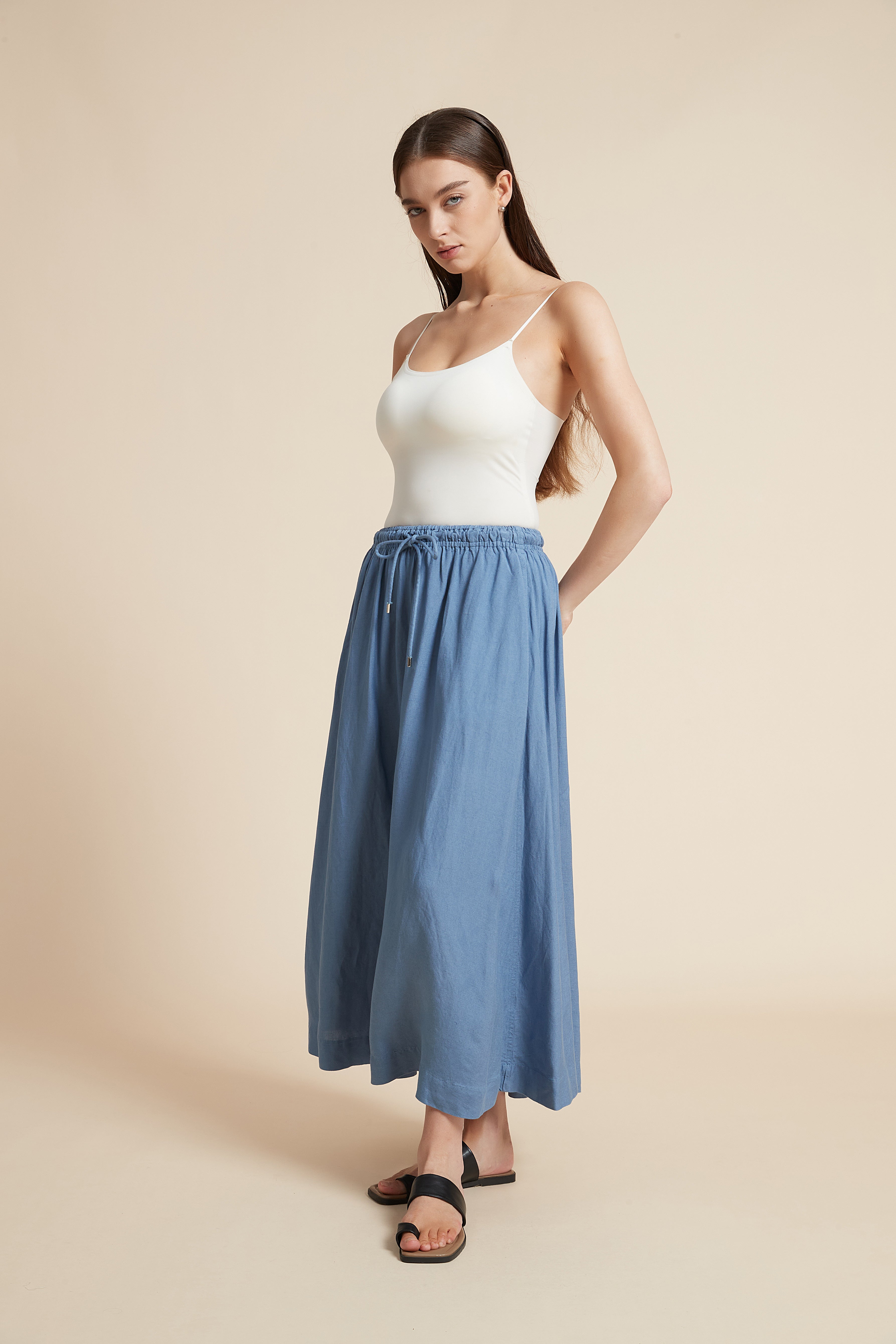 Plain Midi Skirt with Flared Cut and Waist Tie