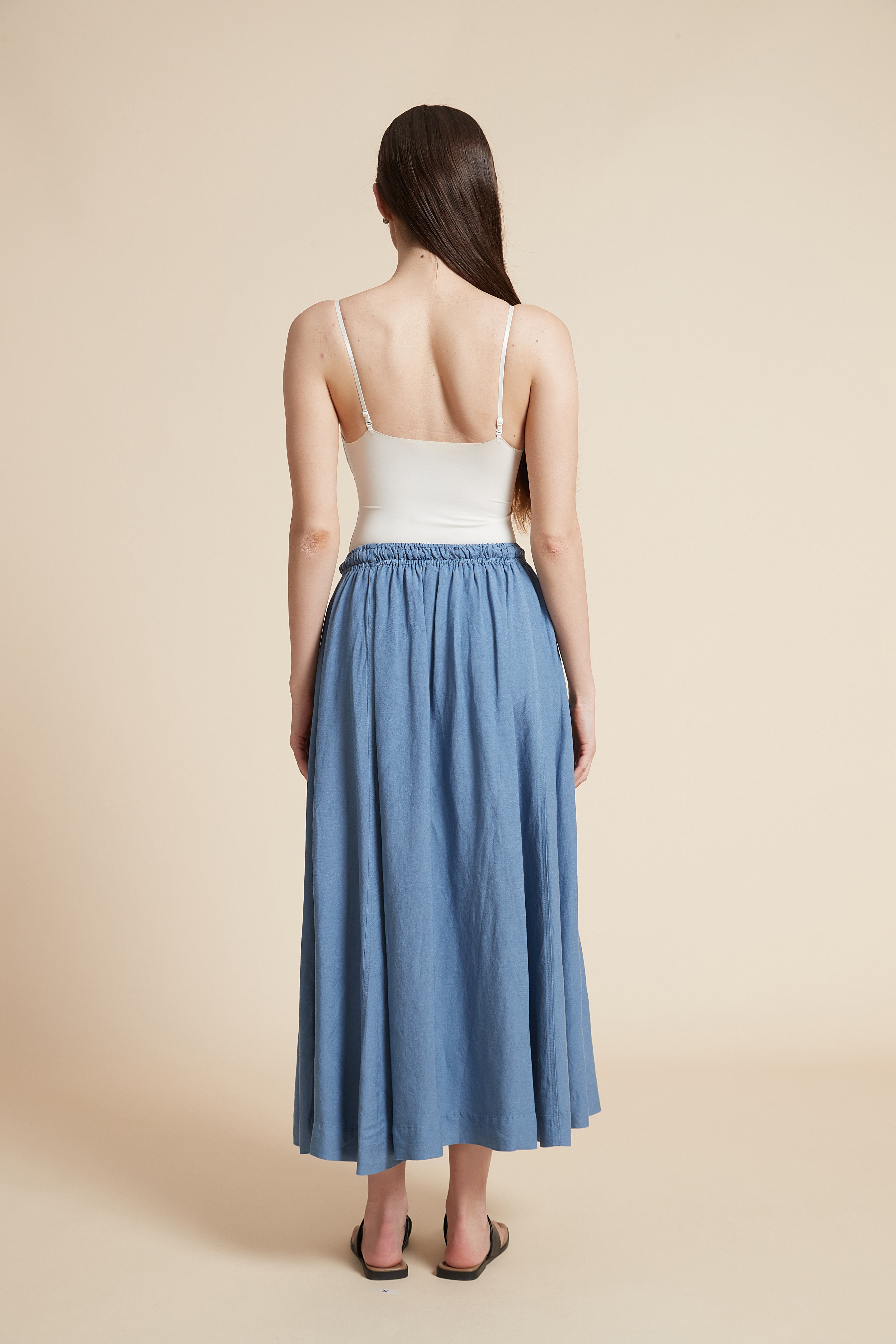 Plain Midi Skirt with Flared Cut and Waist Tie
