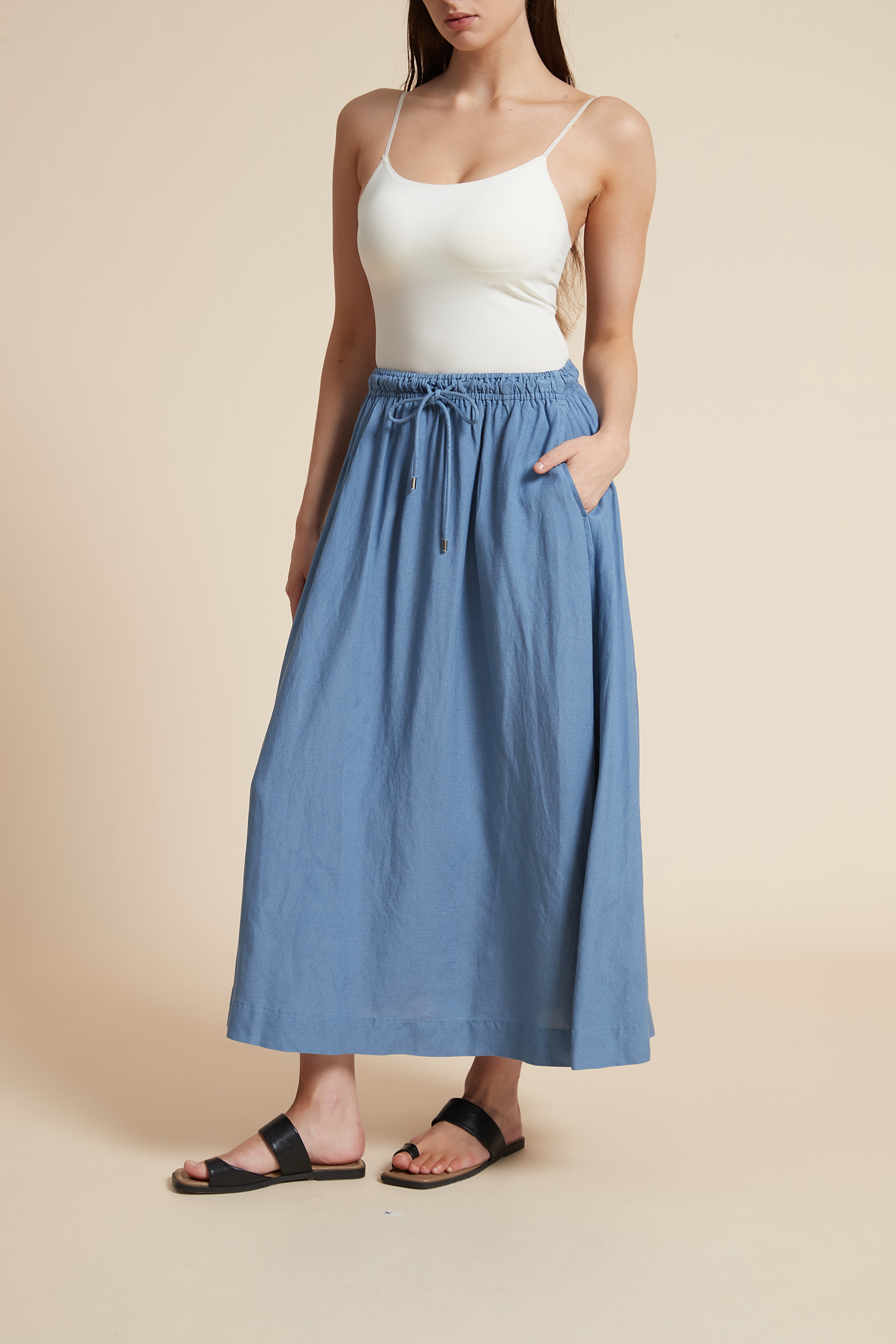 Plain Midi Skirt with Flared Cut and Waist Tie