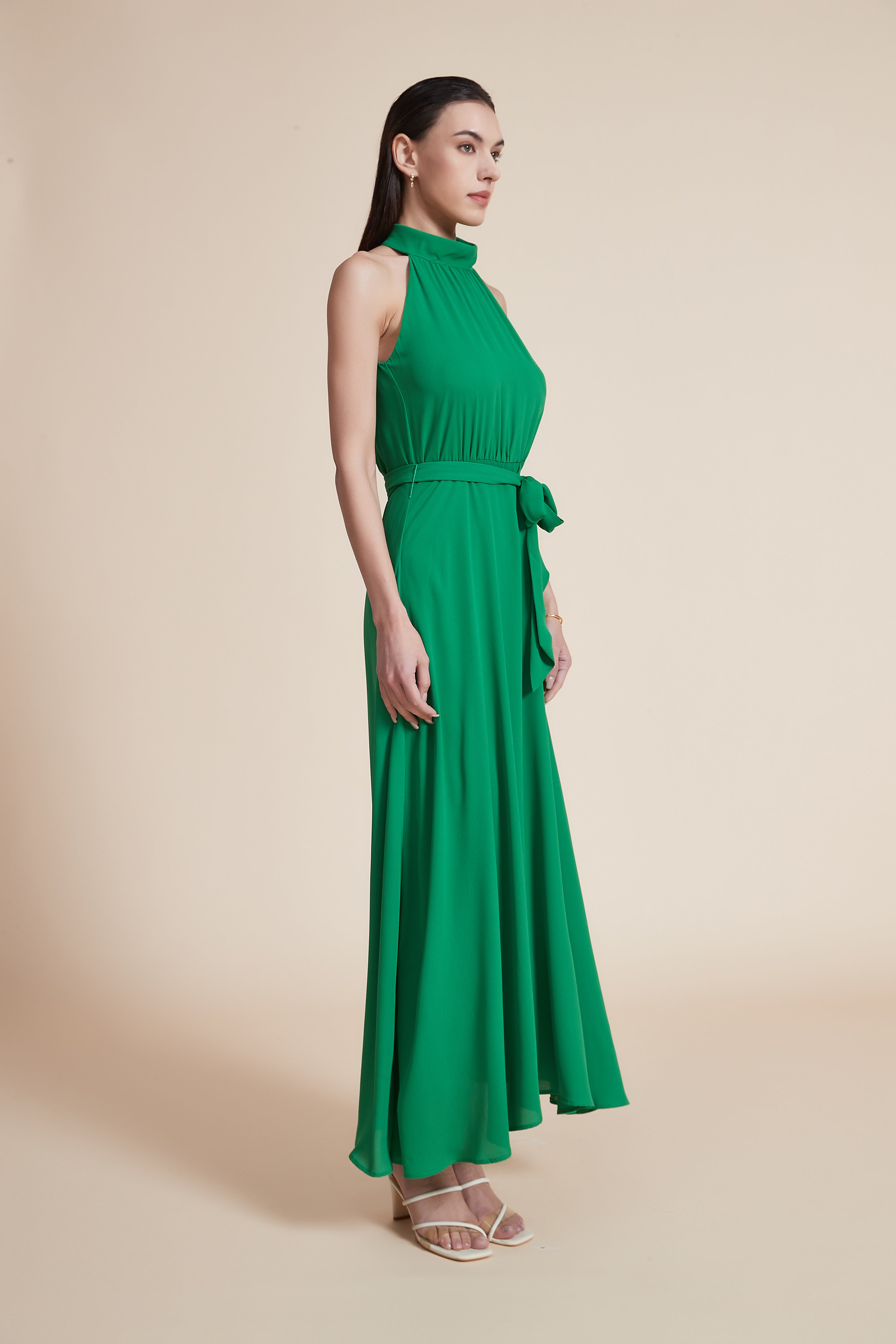 Solid Off-Shoulder Halter Neck Maxi Dress