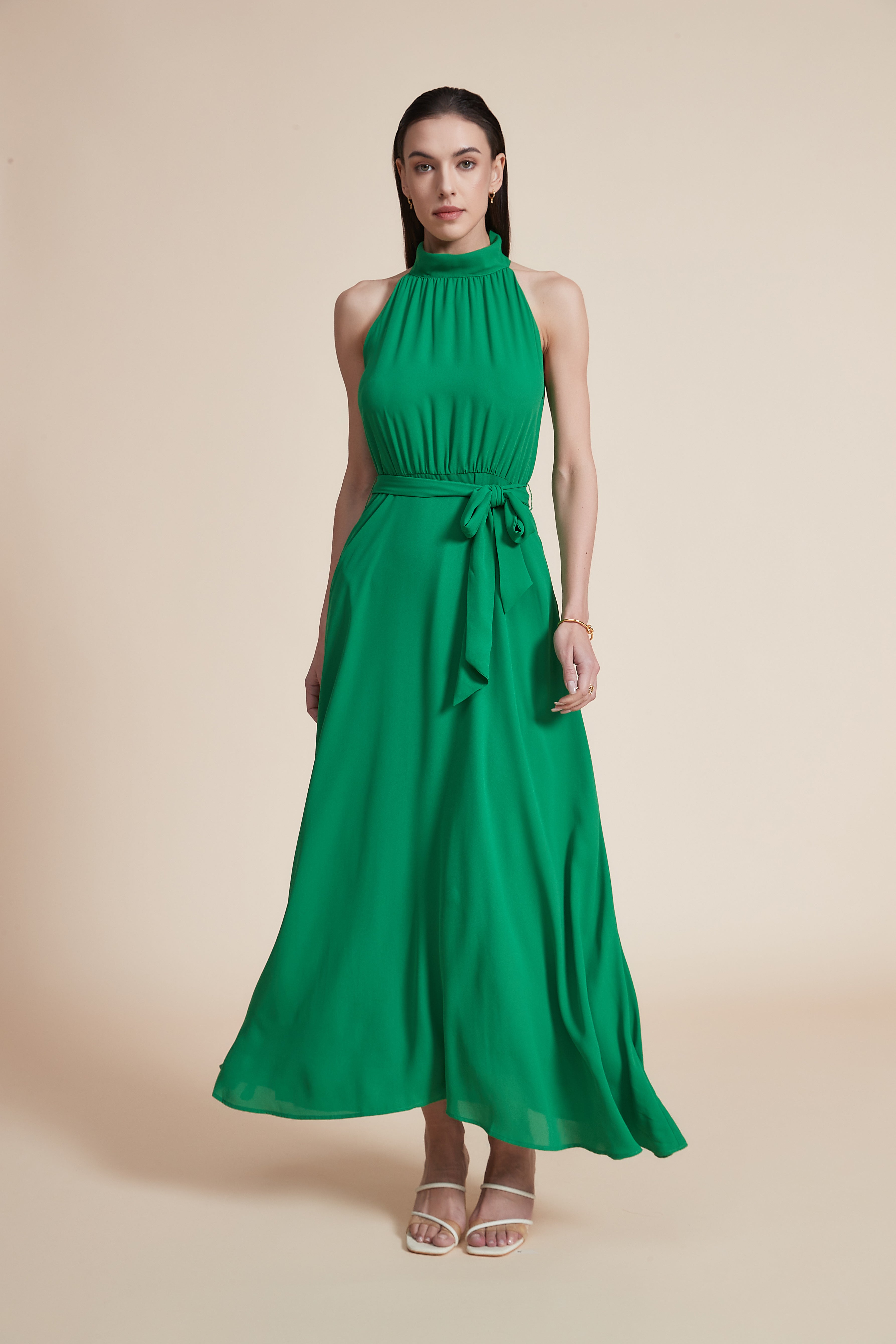 Solid Off-Shoulder Halter Neck Maxi Dress