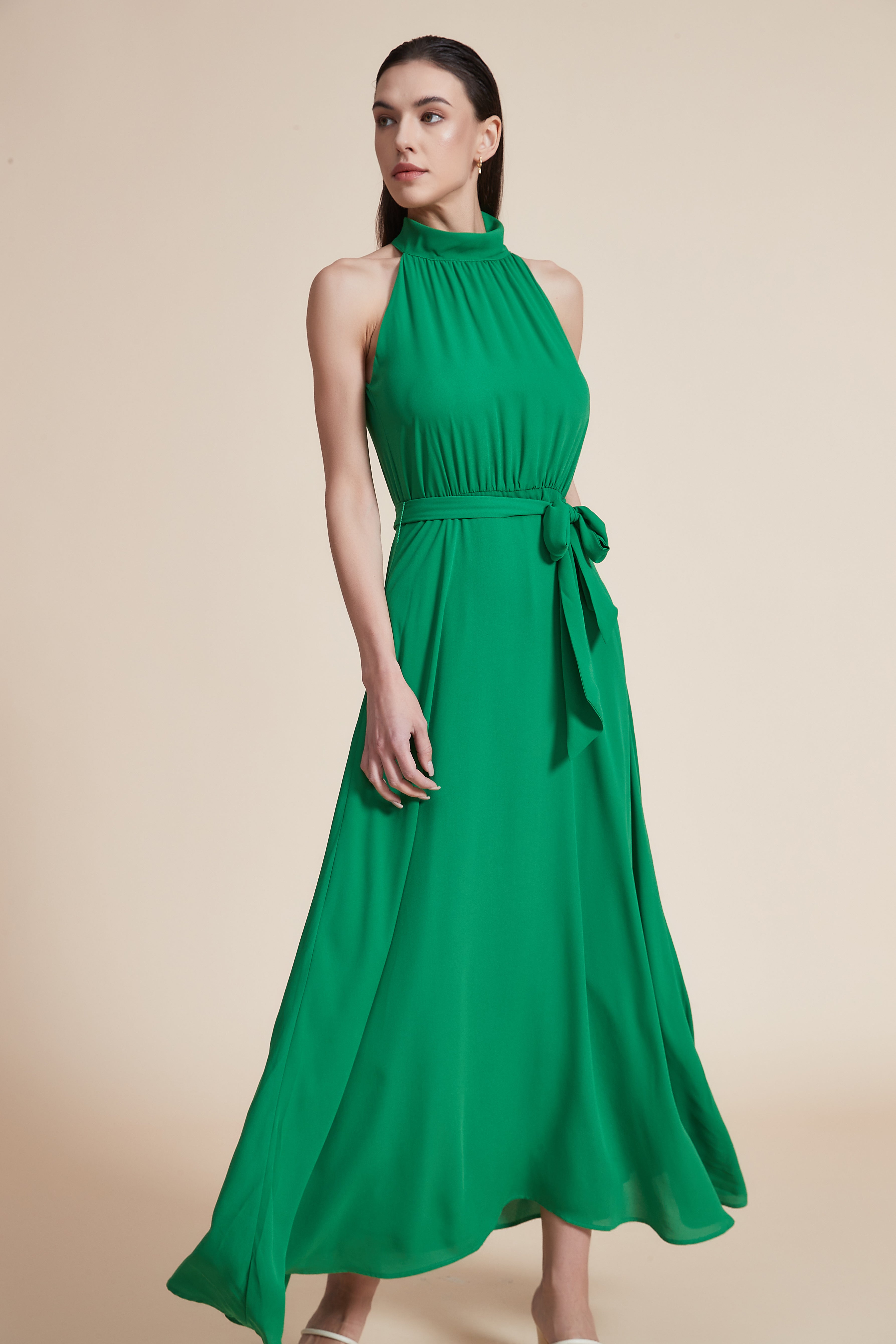 Solid Off-Shoulder Halter Neck Maxi Dress