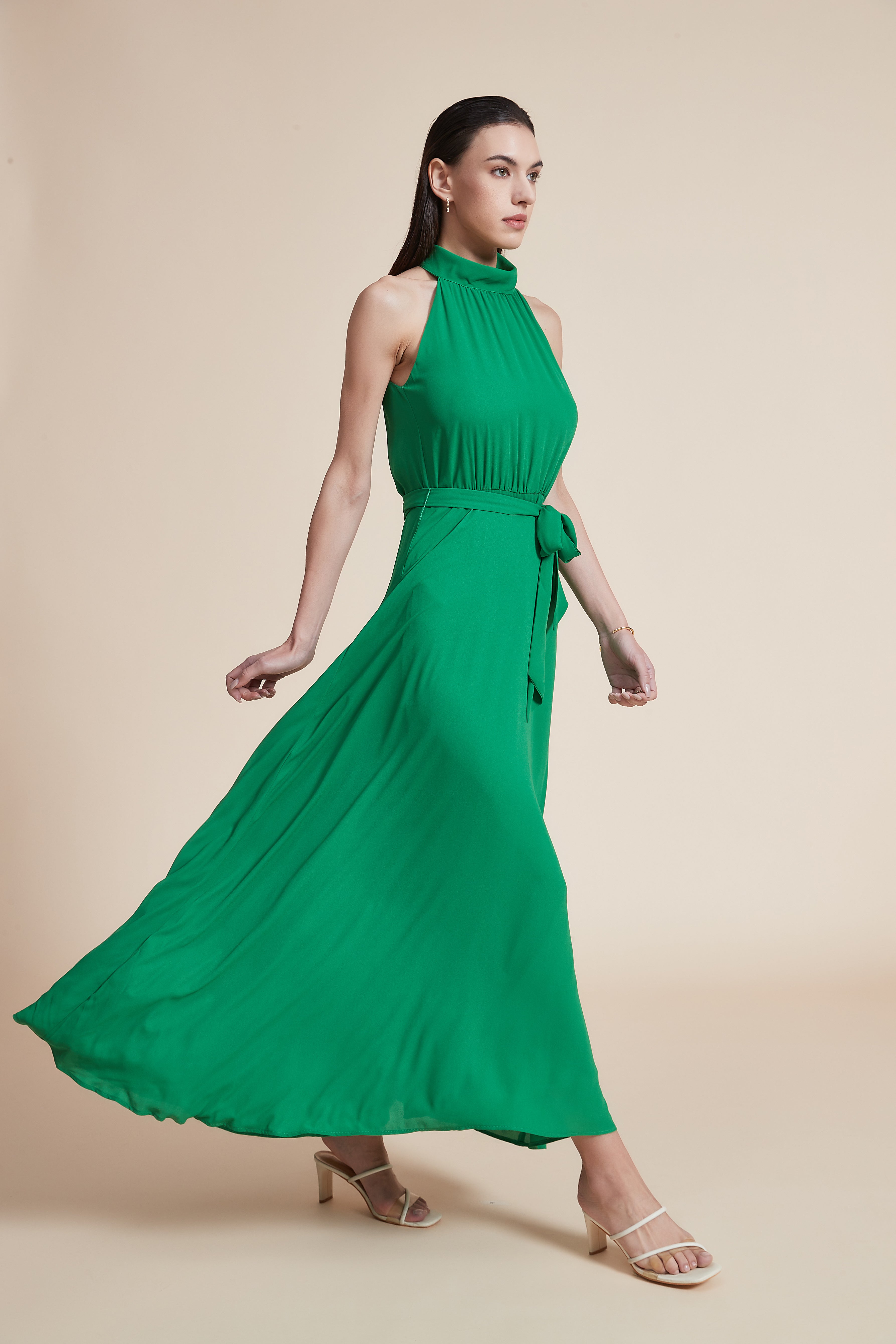 Solid Off-Shoulder Halter Neck Maxi Dress