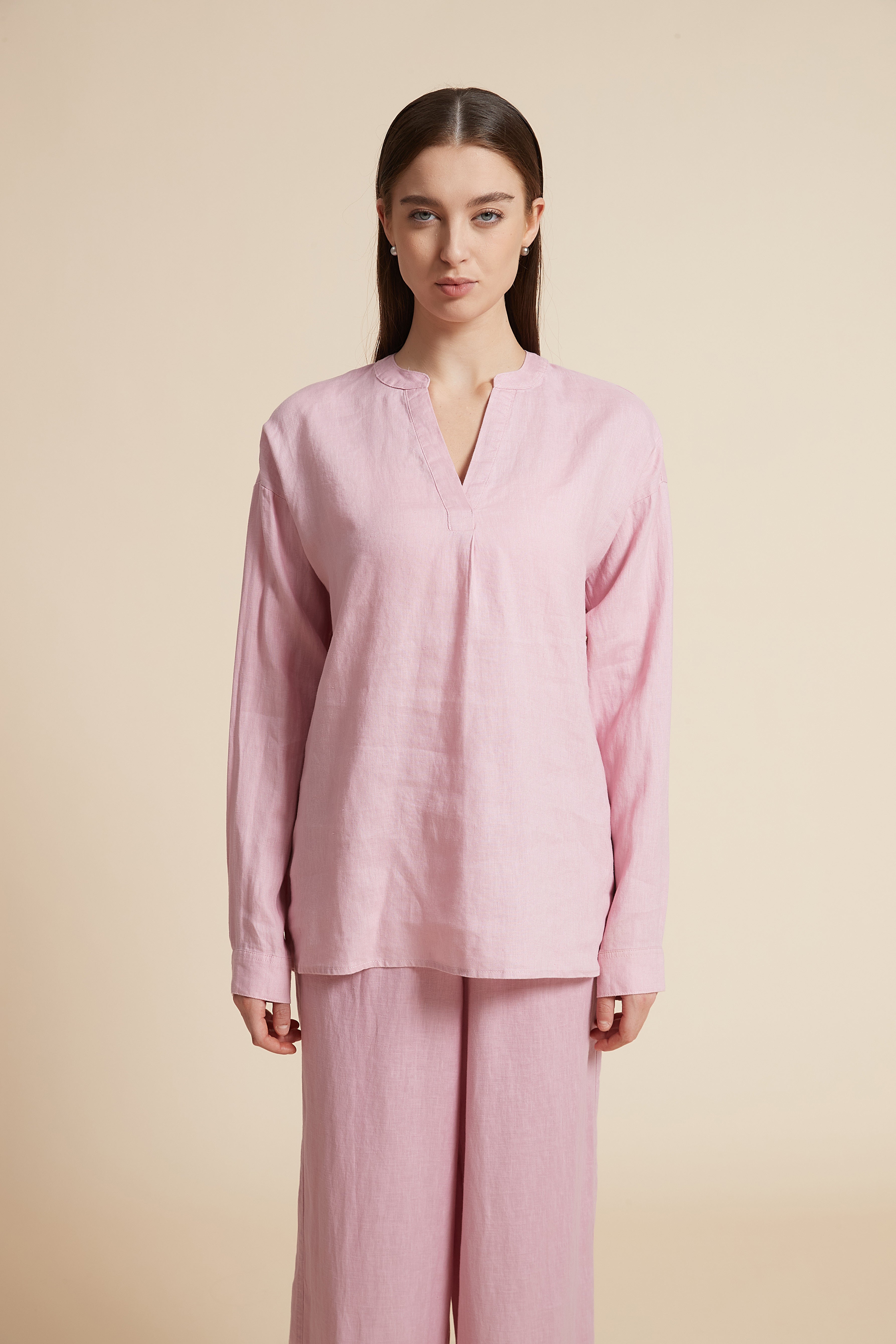 Solid Long Sleeve V-Neck Blouse