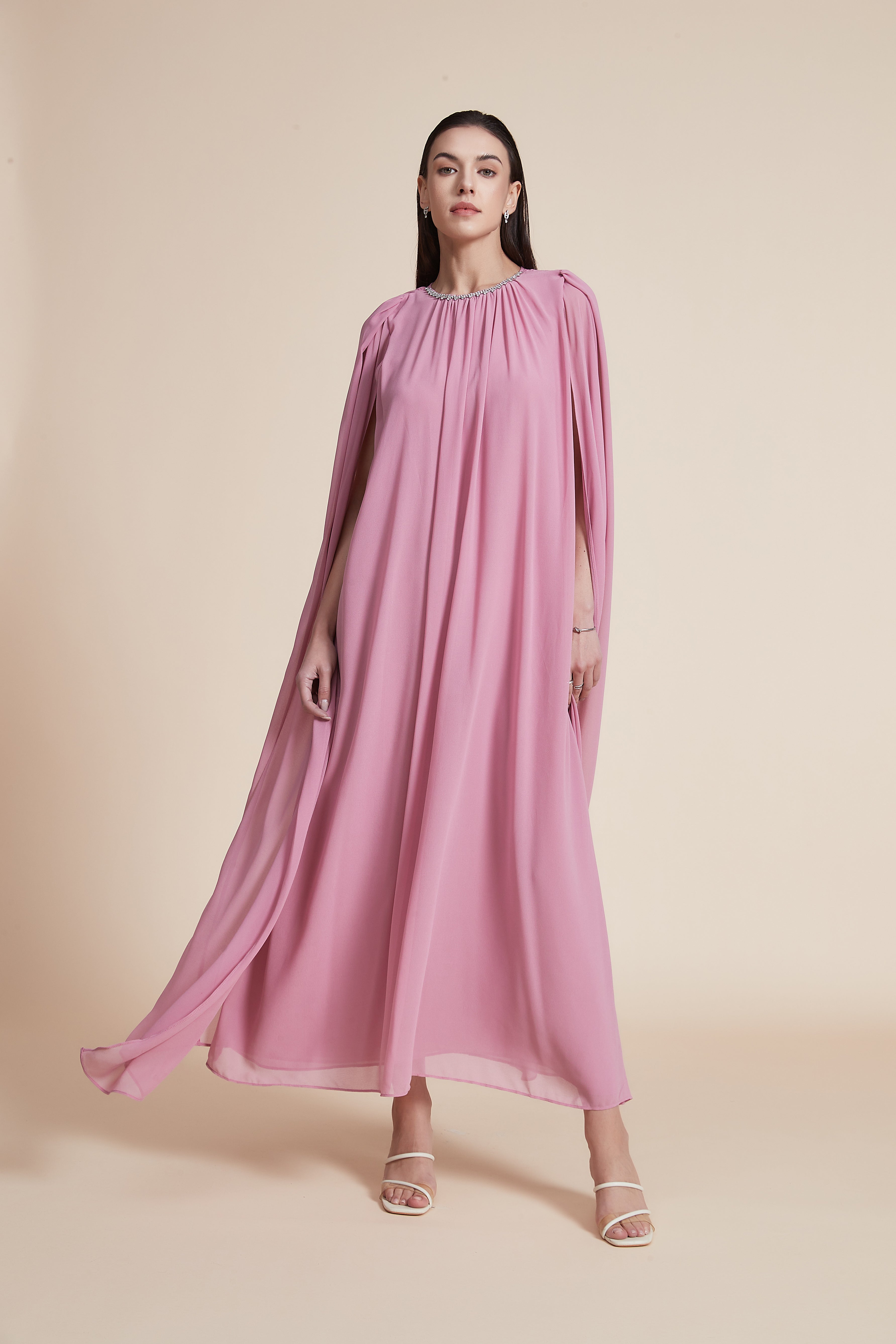 Loose Long Ruffled Dress with Neck Embroidery