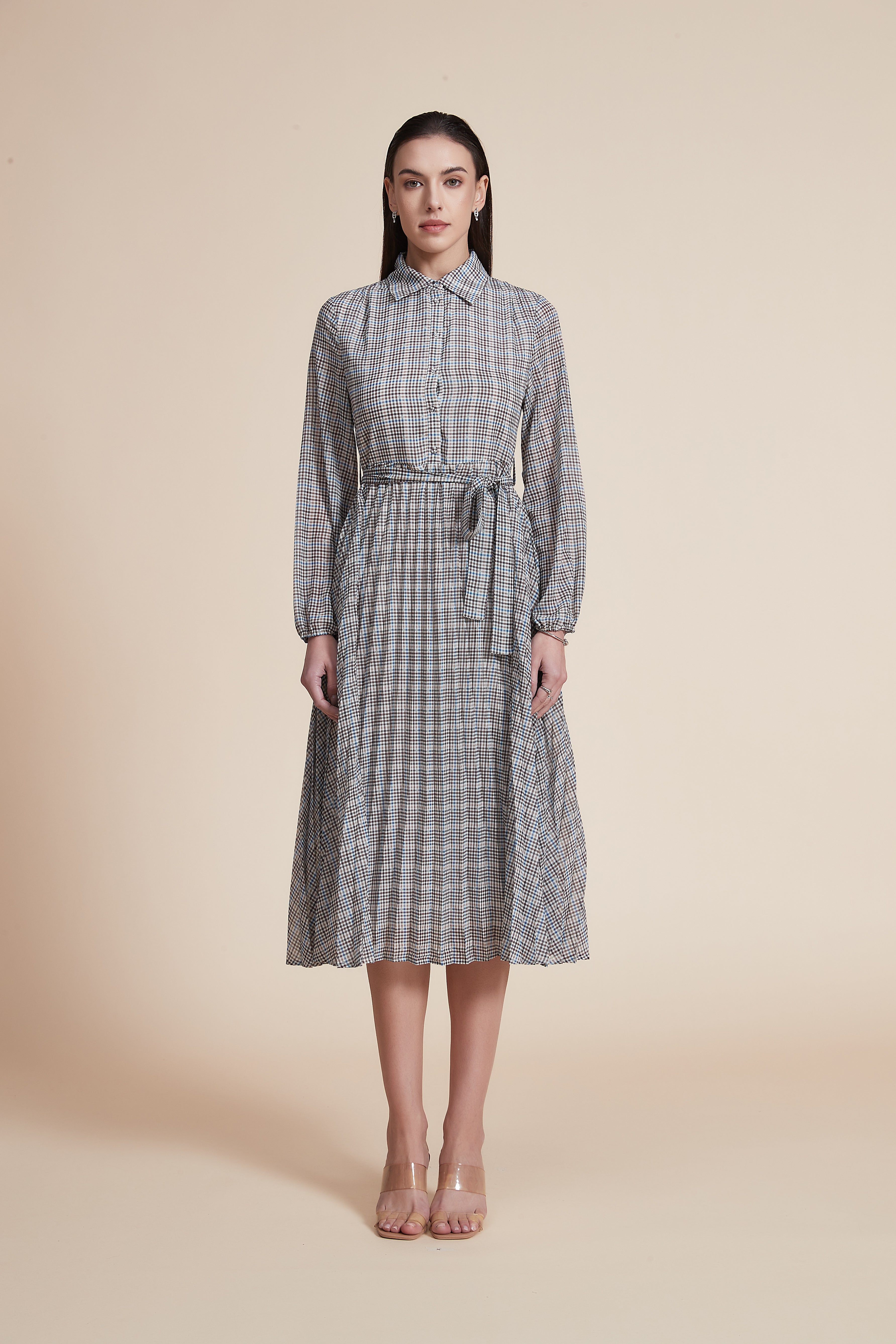 Long Sleeve Checkered Midi Dress with Shirt Collar