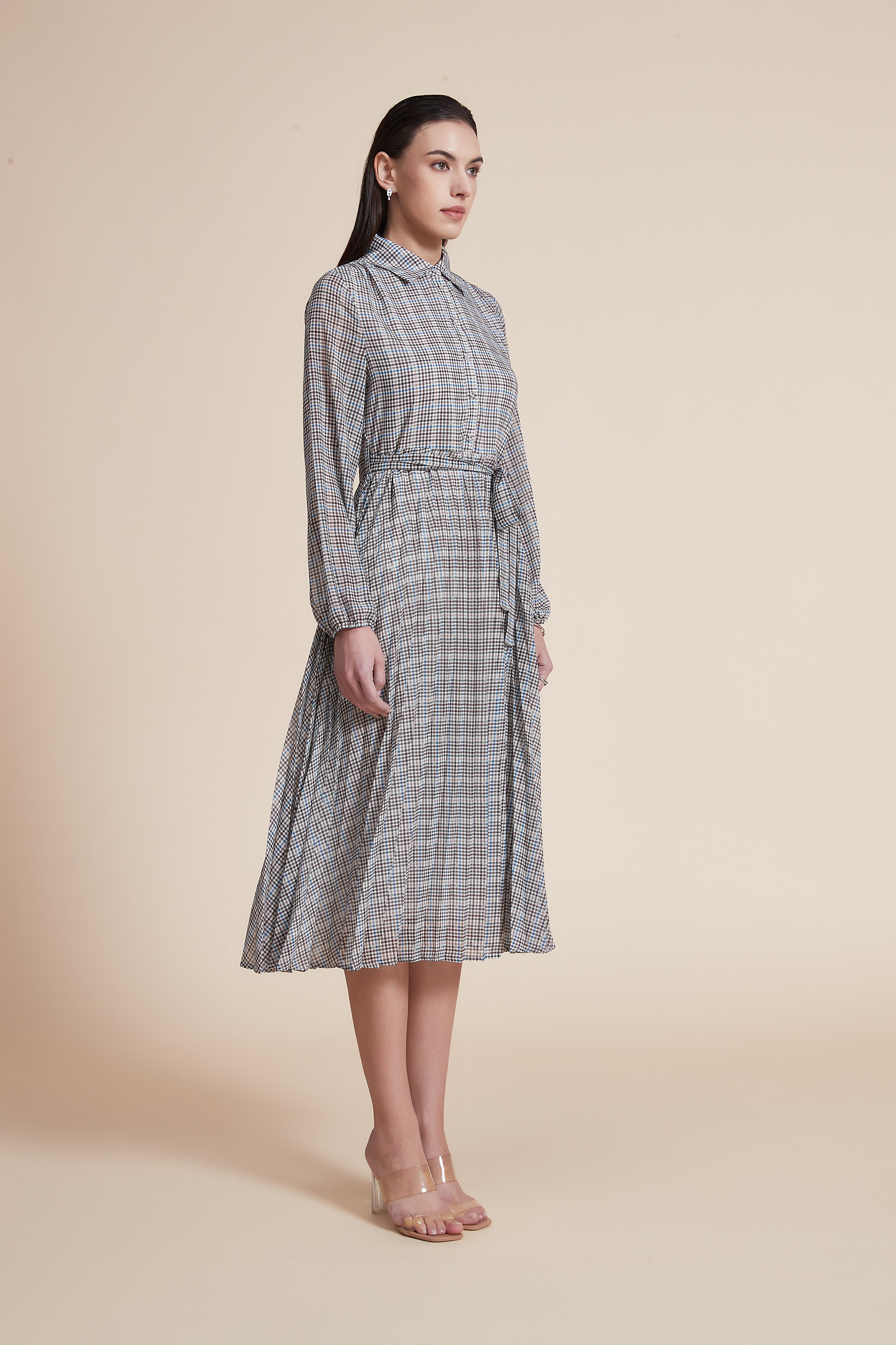 Long Sleeve Checkered Midi Dress with Shirt Collar