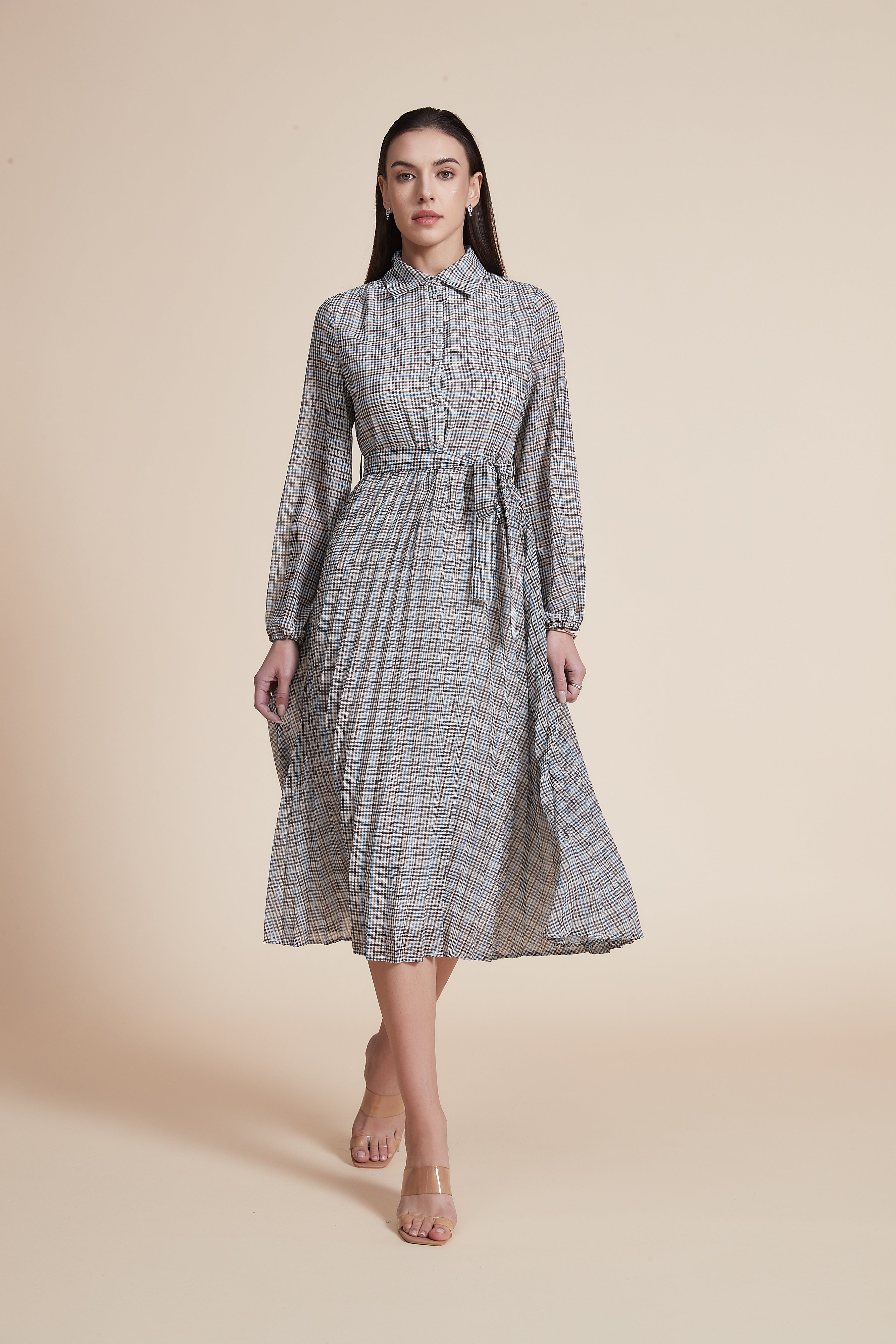 Long Sleeve Checkered Midi Dress with Shirt Collar