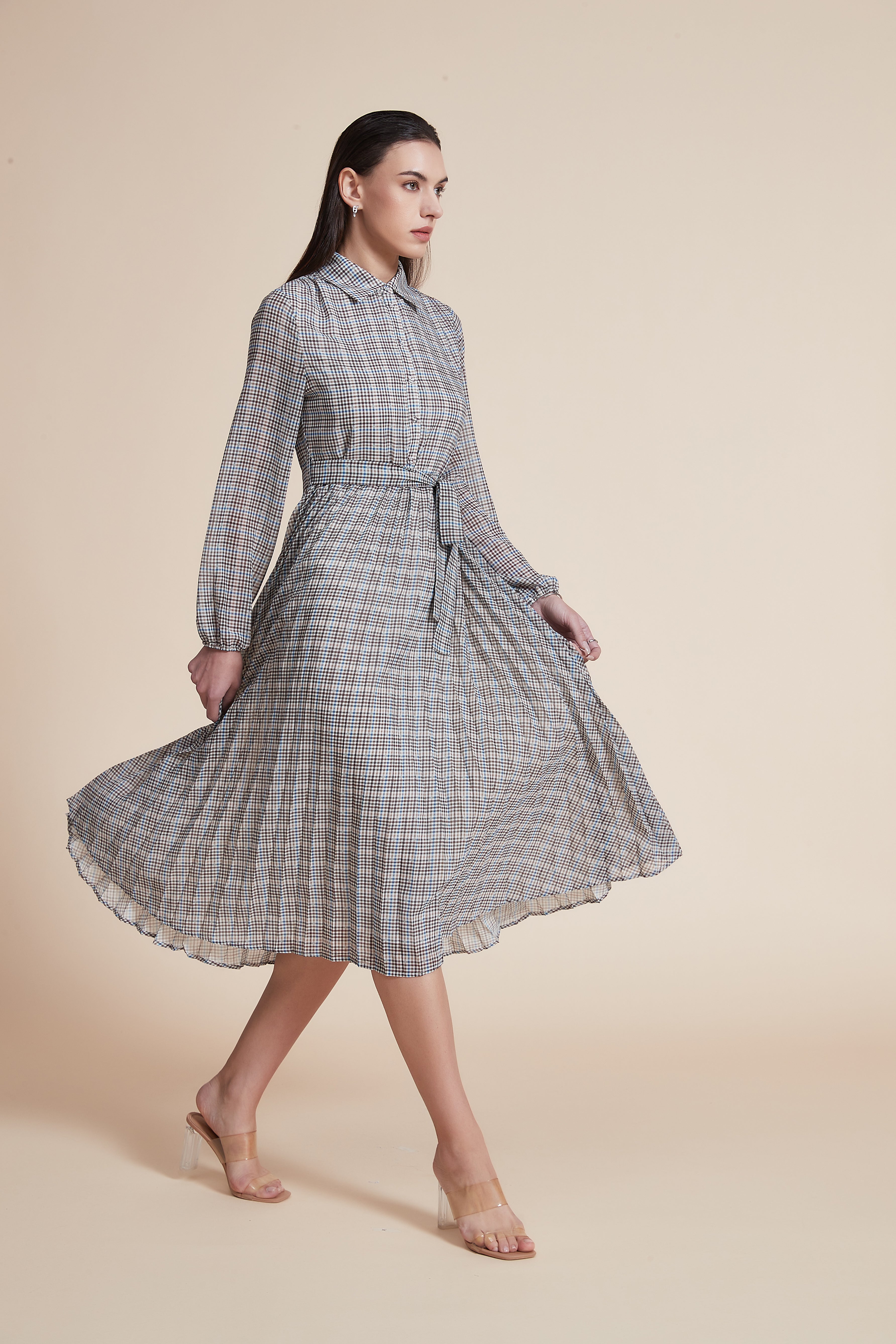 Long Sleeve Checkered Midi Dress with Shirt Collar