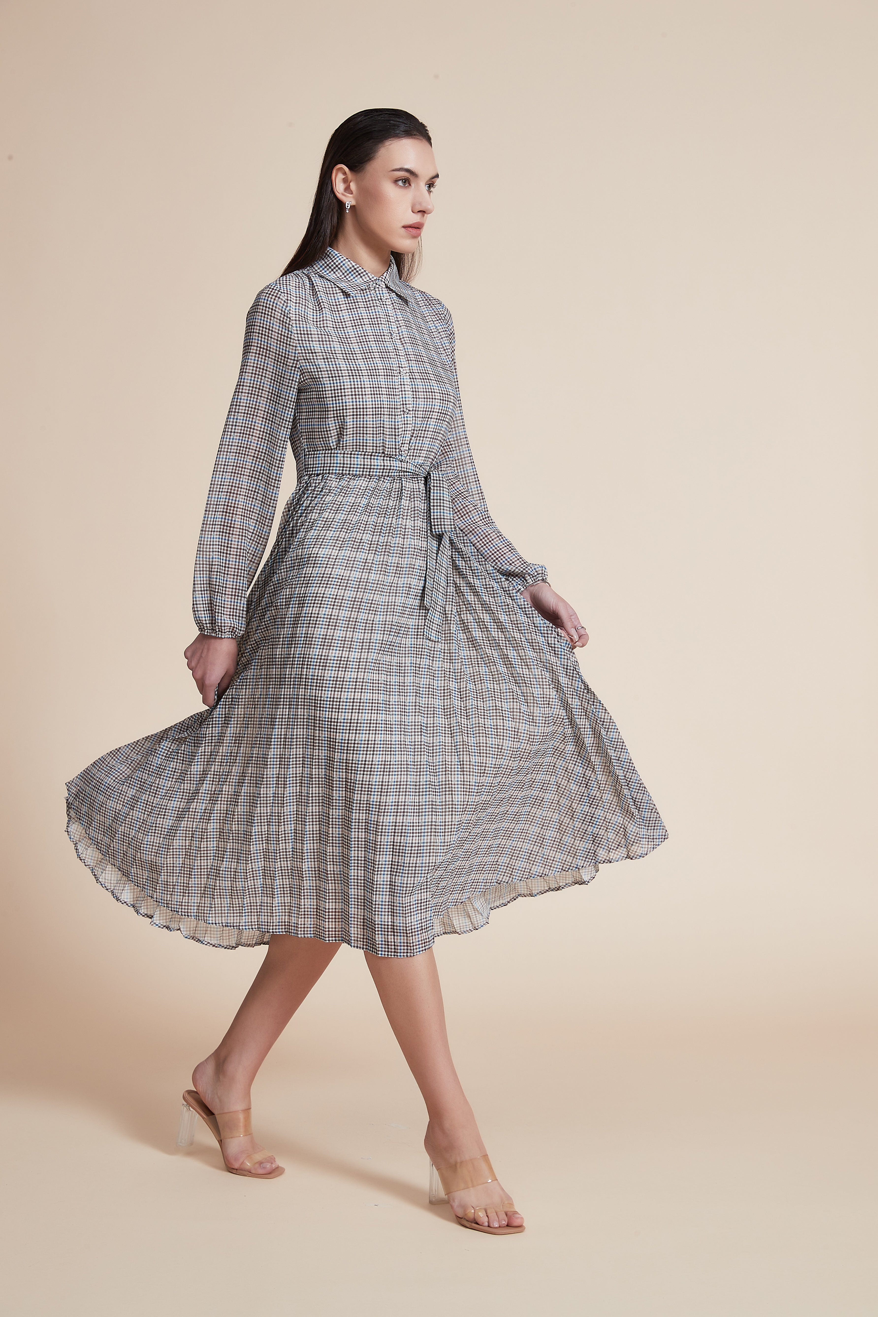 Long Sleeve Checkered Midi Dress with Shirt Collar