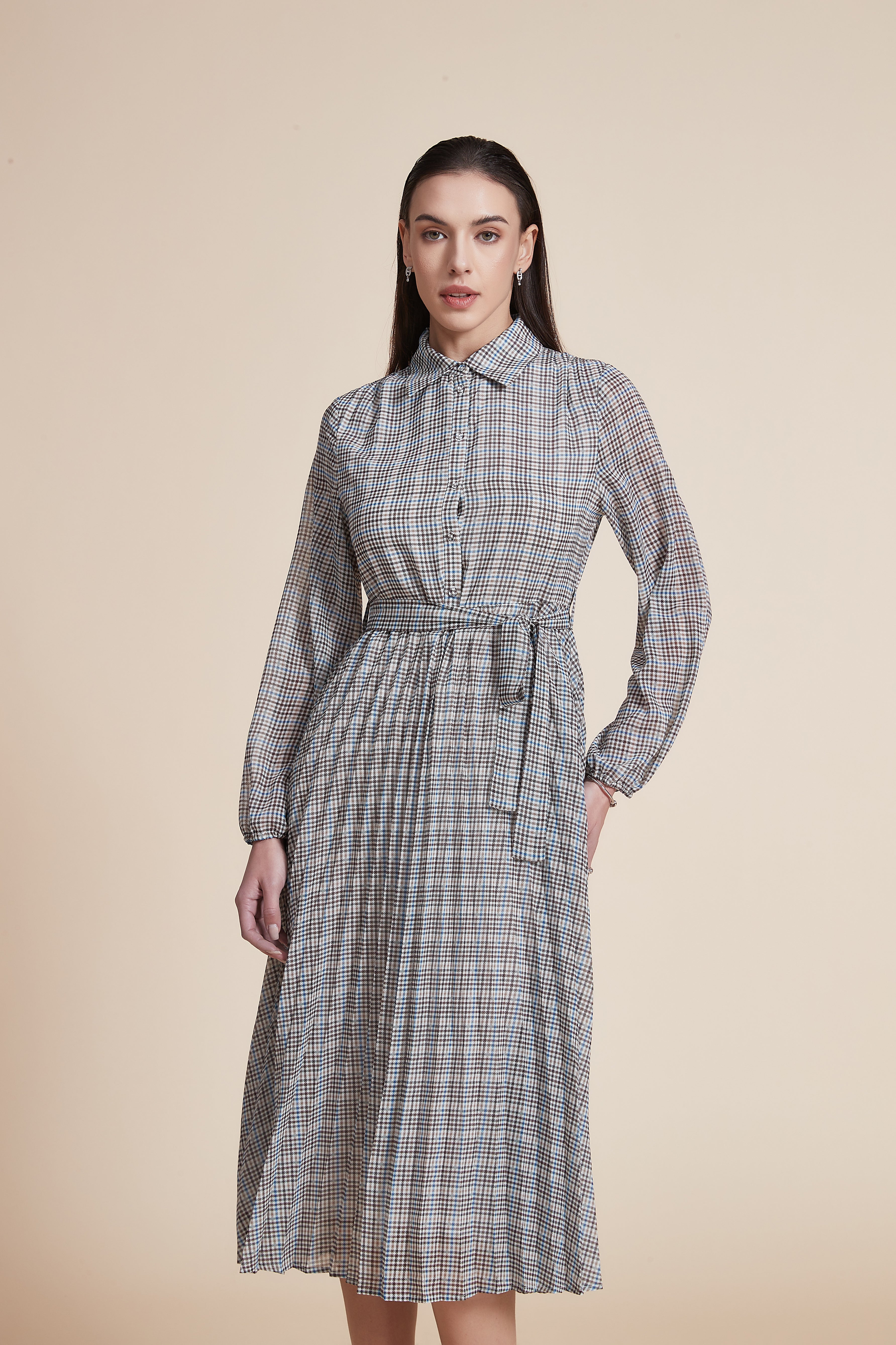 Long Sleeve Checkered Midi Dress with Shirt Collar