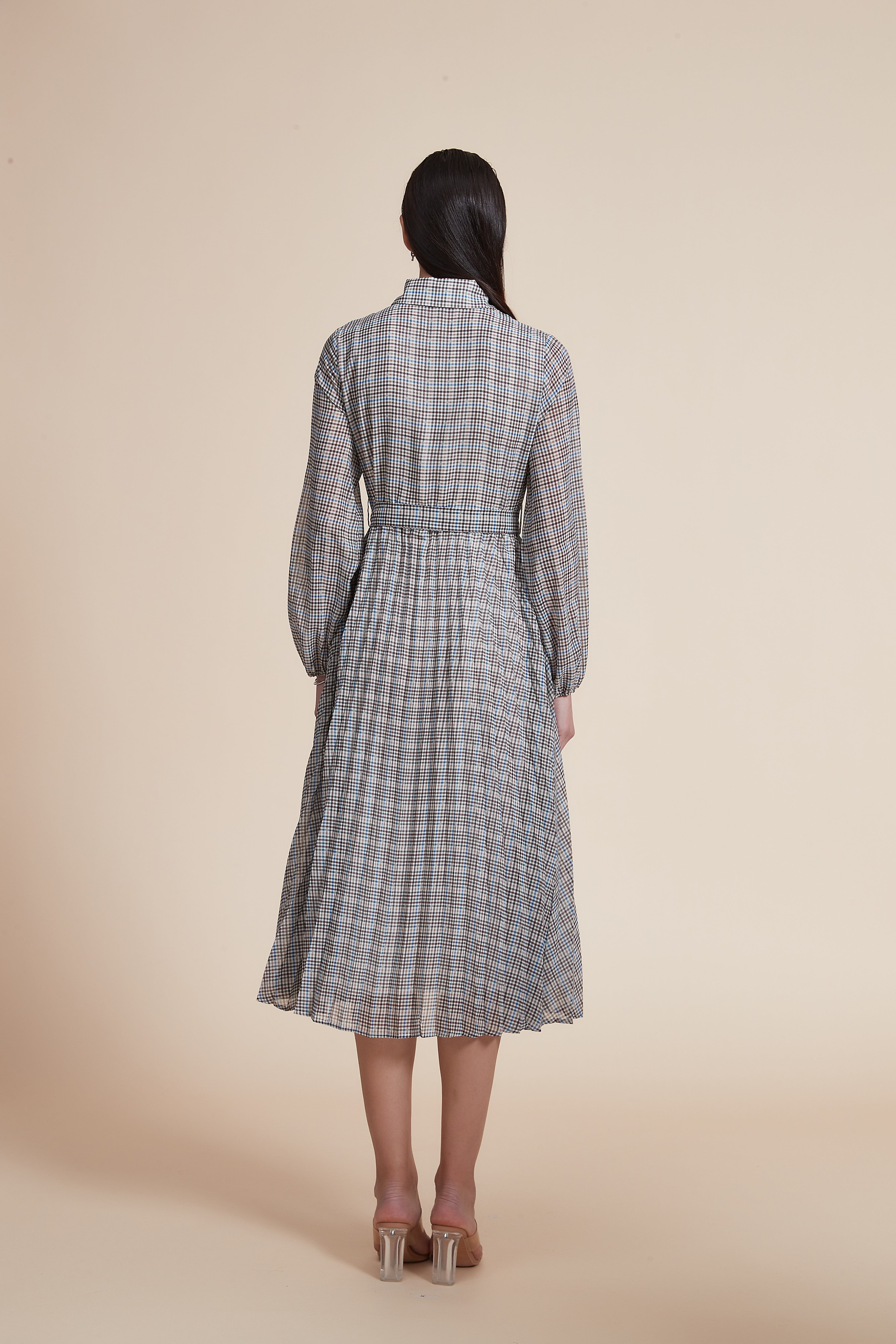 Long Sleeve Checkered Midi Dress with Shirt Collar