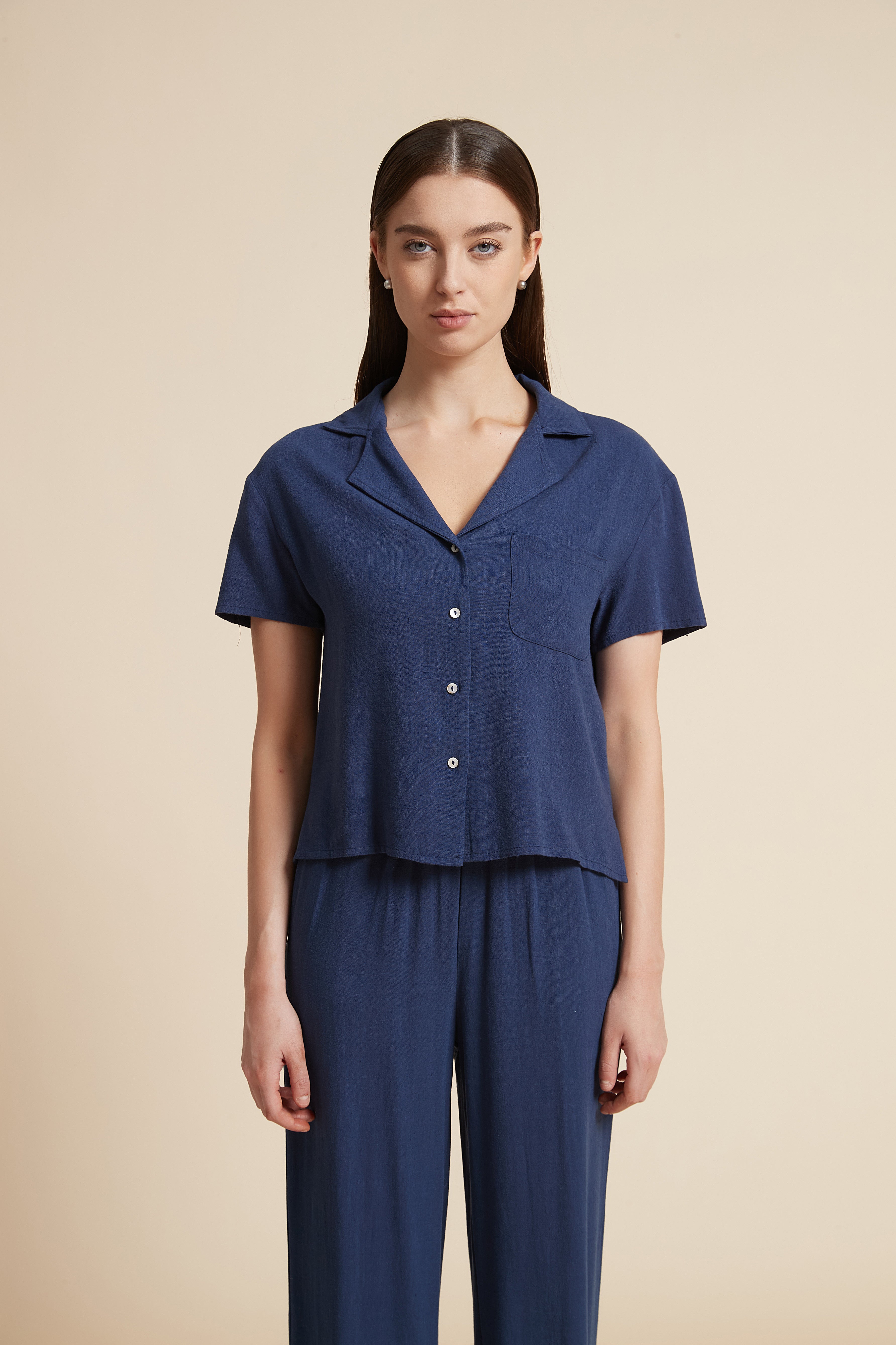 Solid Short Sleeve Blouse with Front Buttons
