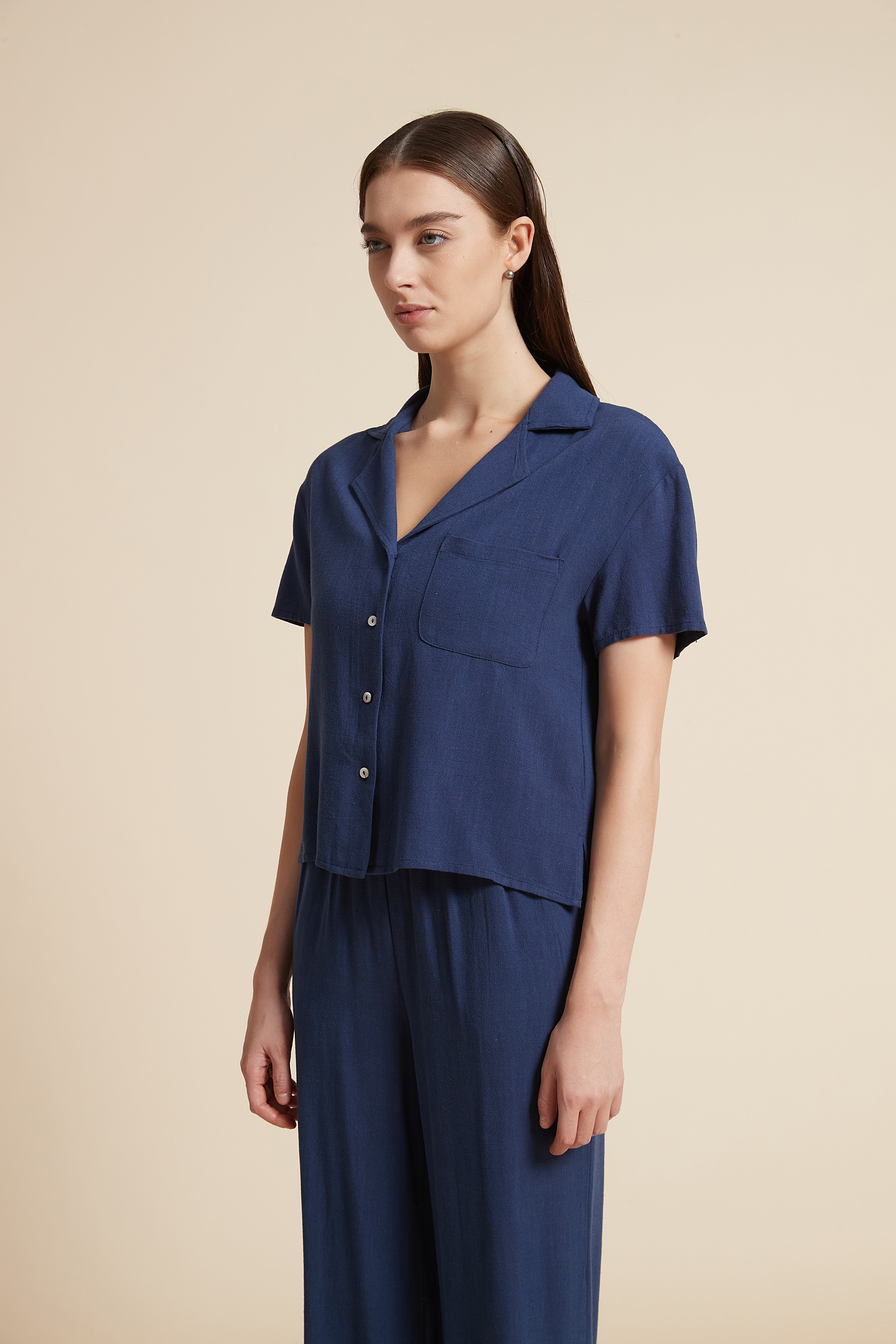 Solid Short Sleeve Blouse with Front Buttons