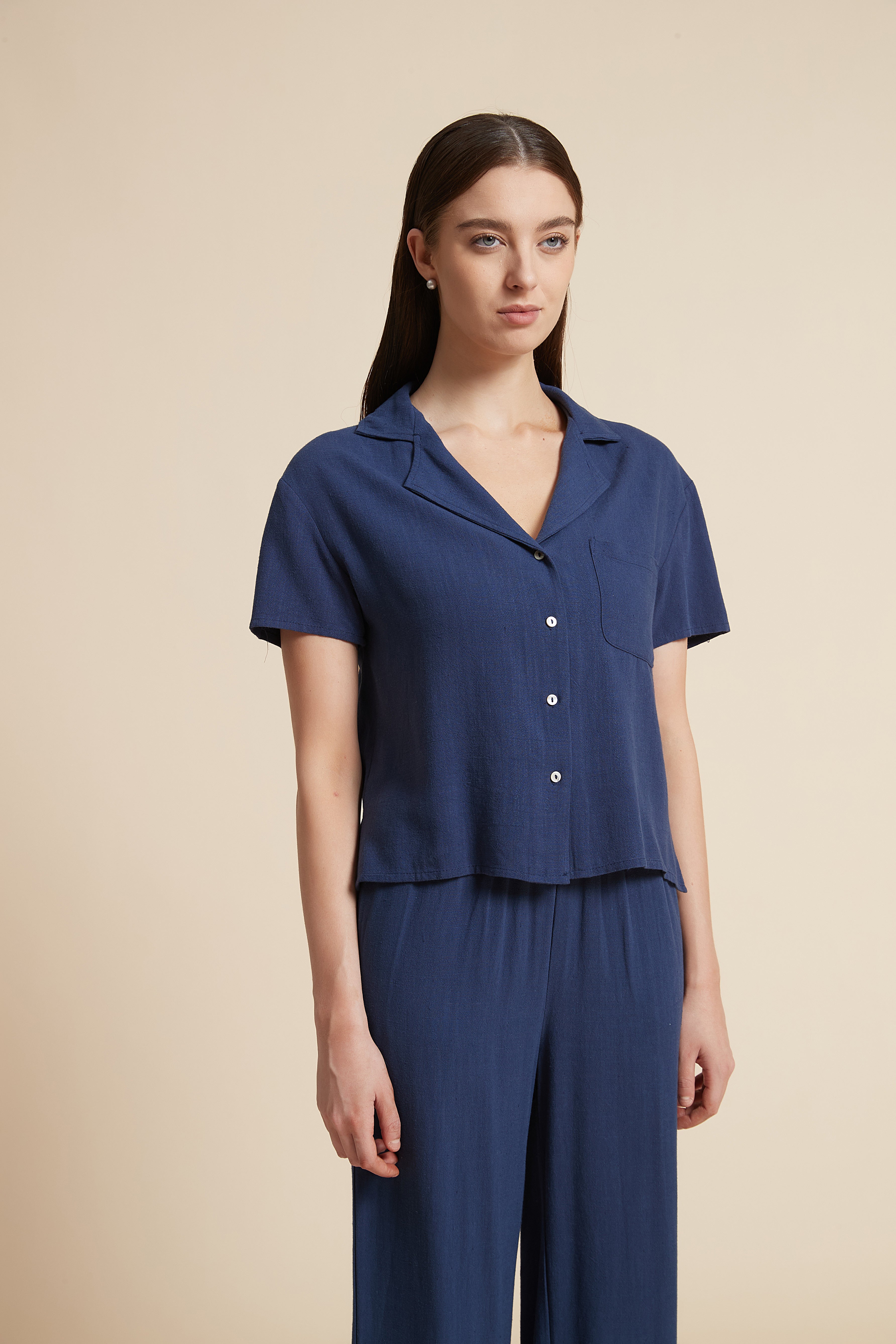 Solid Short Sleeve Blouse with Front Buttons