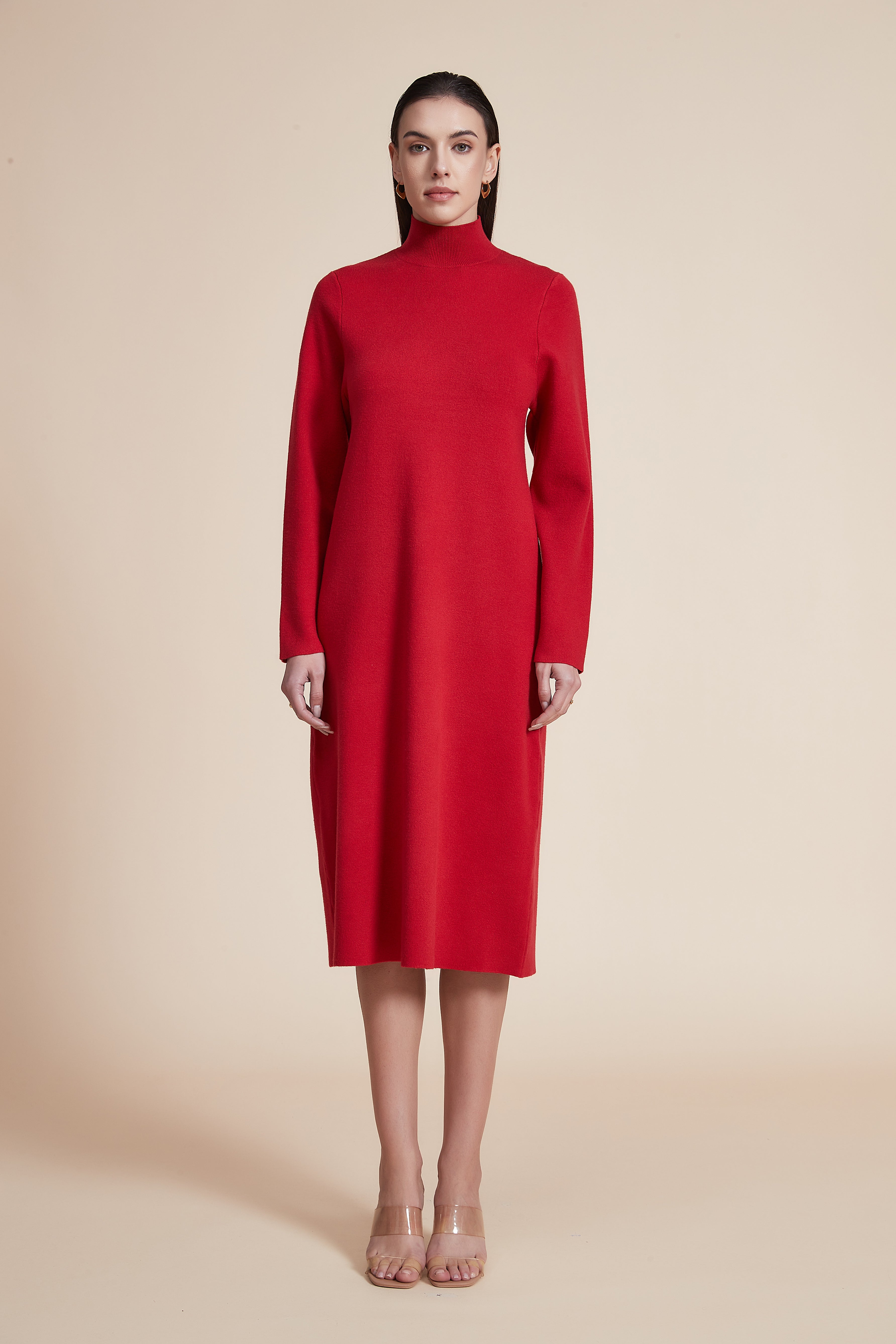 Solid High Neck Long Sleeve Midi Dress