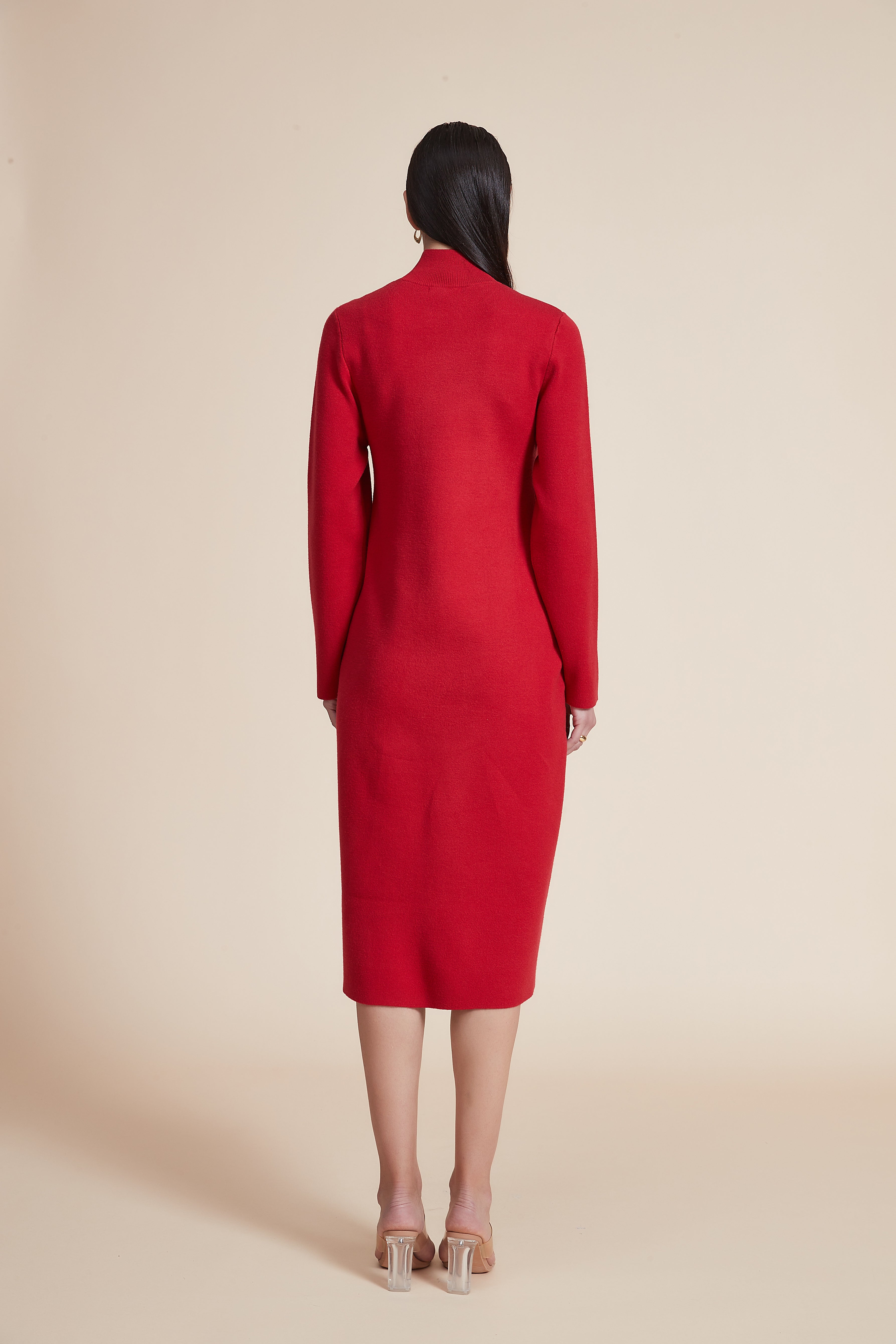 Solid High Neck Long Sleeve Midi Dress