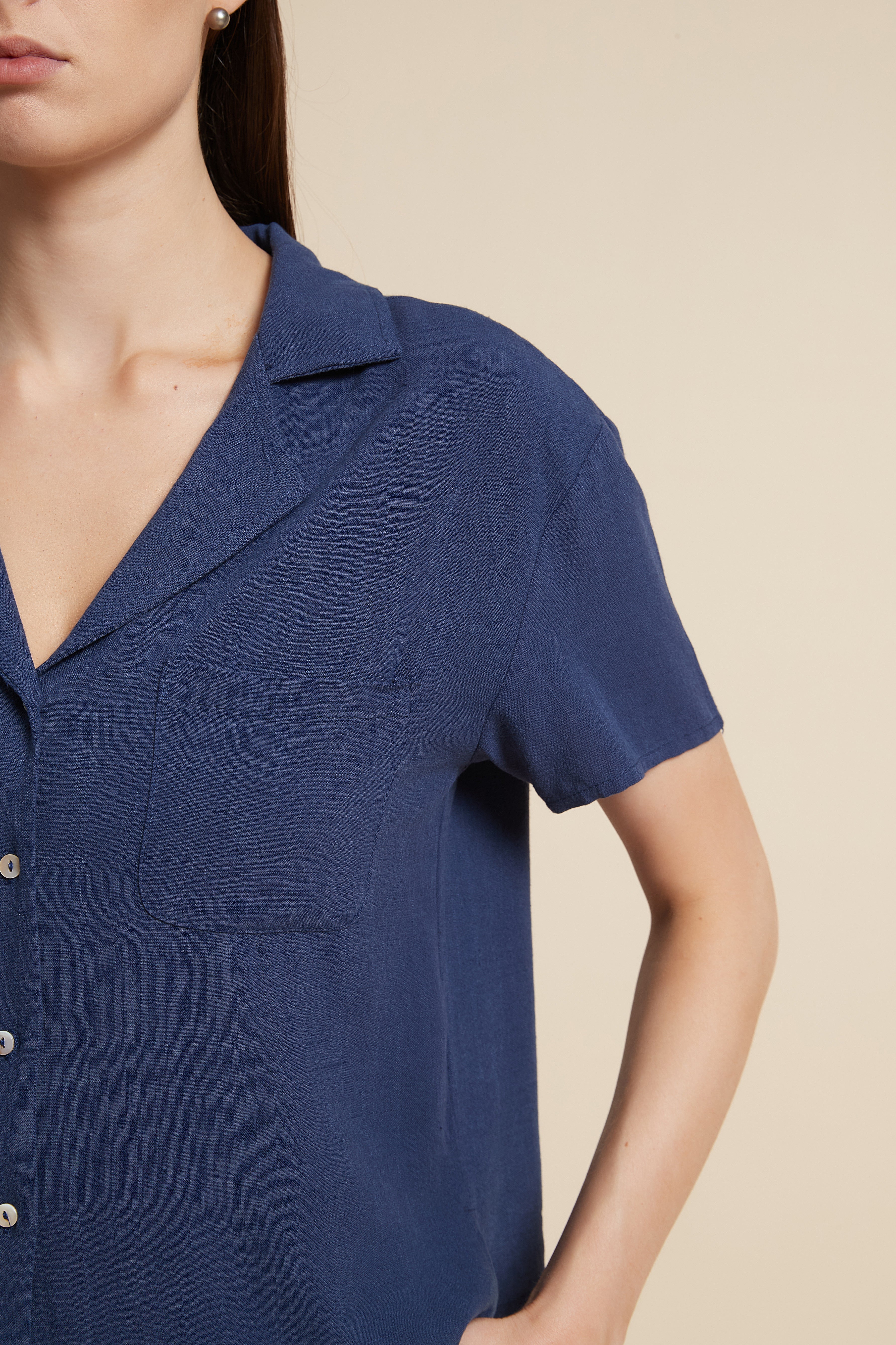 Solid Short Sleeve Blouse with Front Buttons