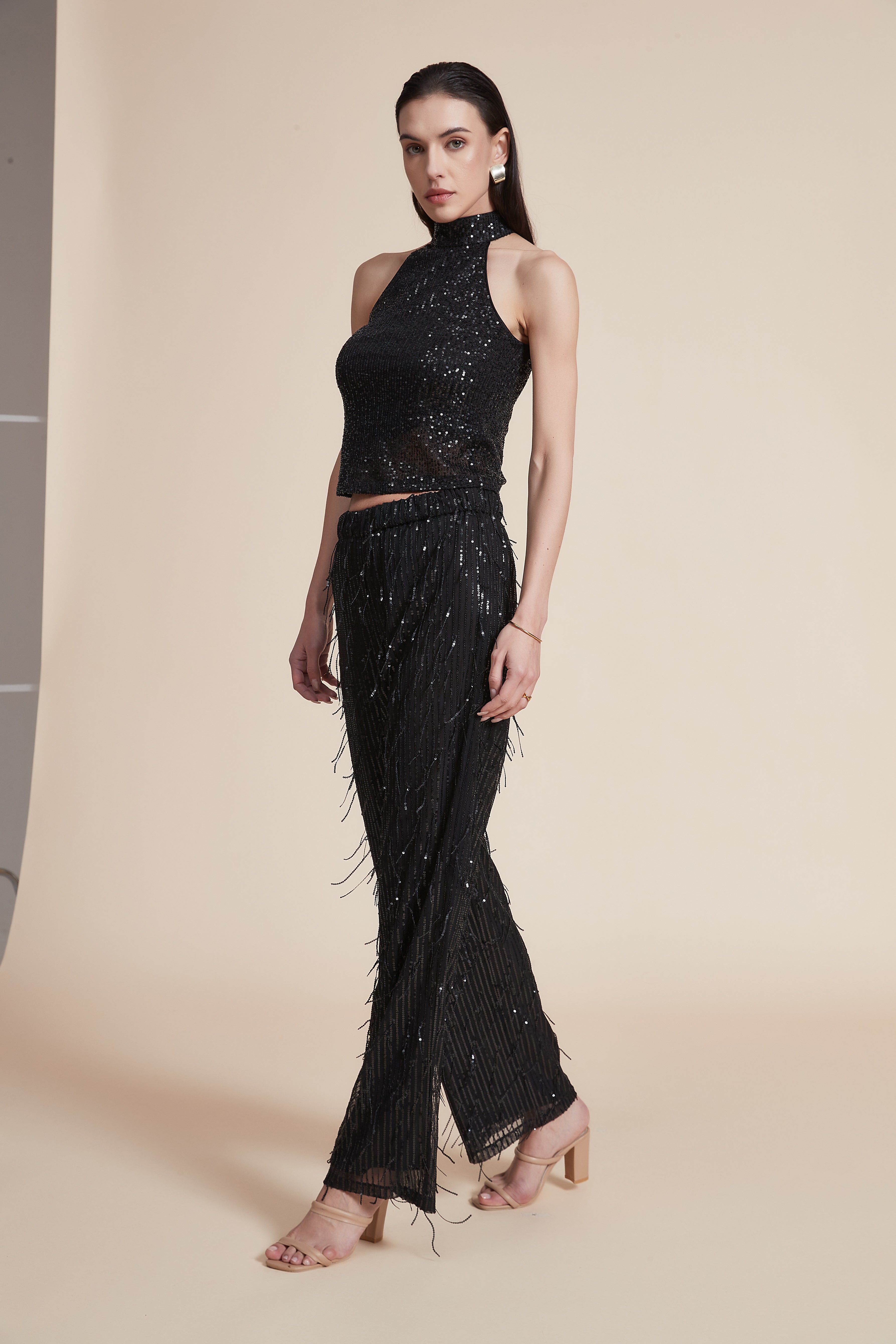 Long Pants with Metallic Embroidery and Wide Legs