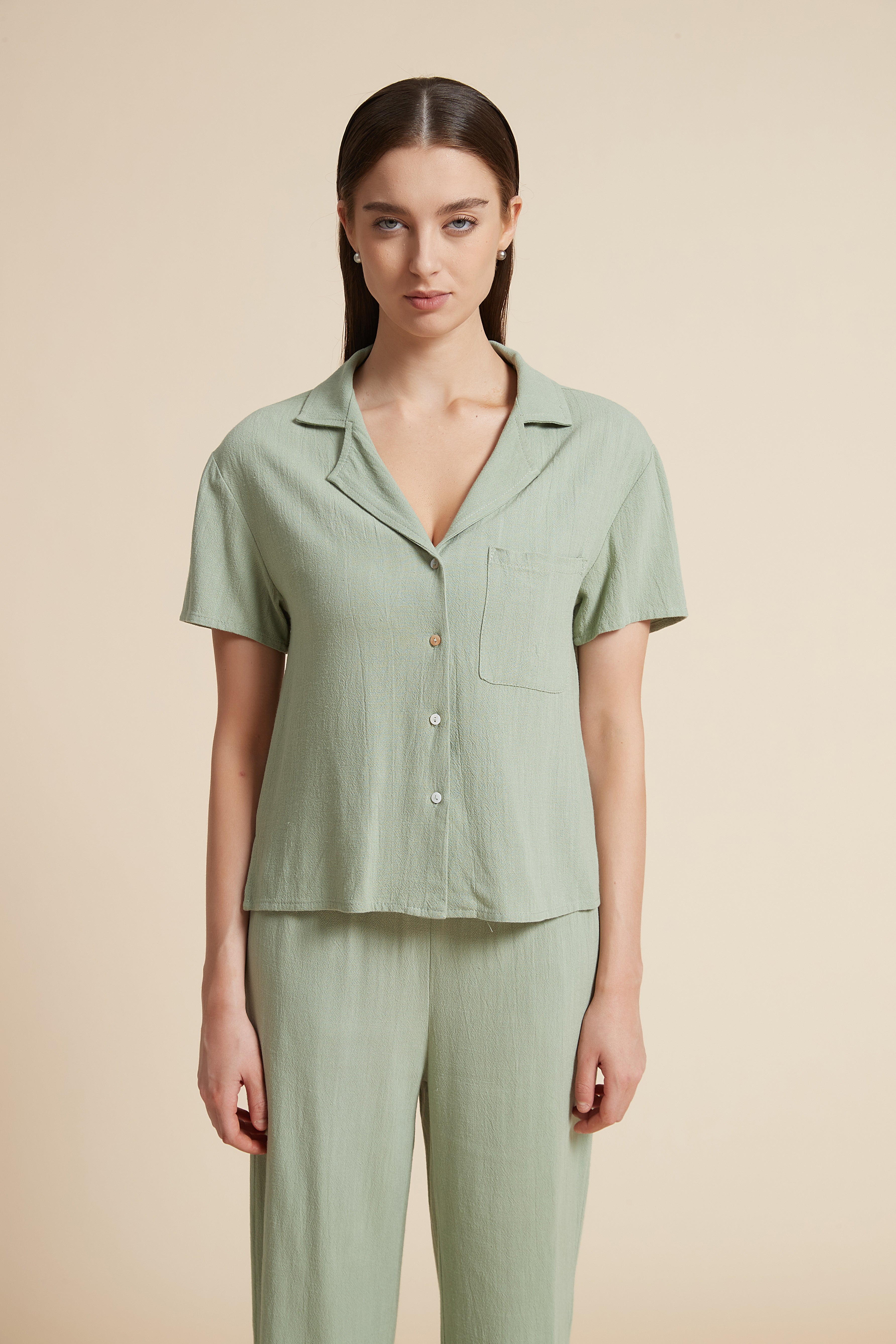 Solid Short Sleeve Blouse with Front Buttons