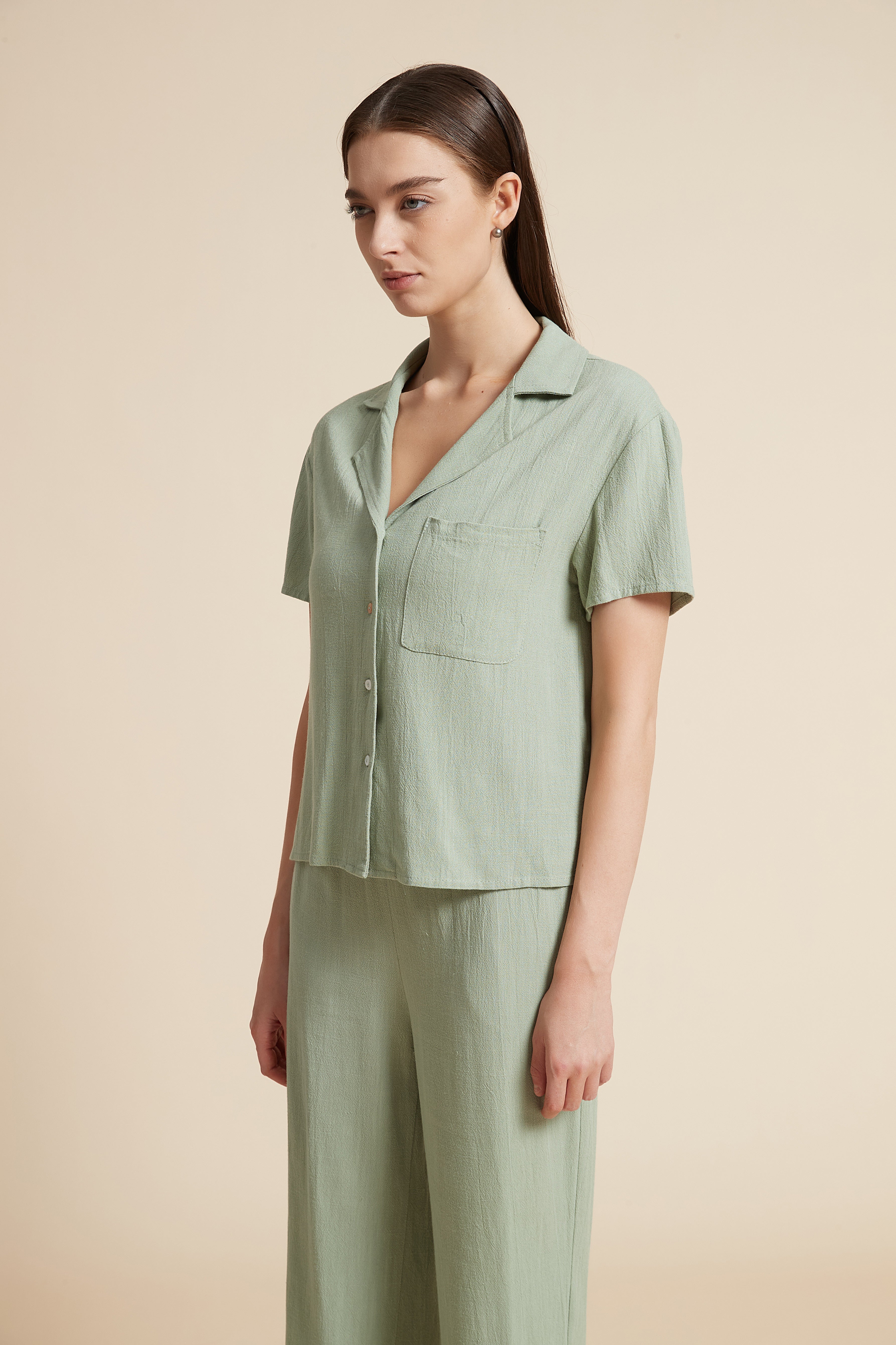 Solid Short Sleeve Blouse with Front Buttons