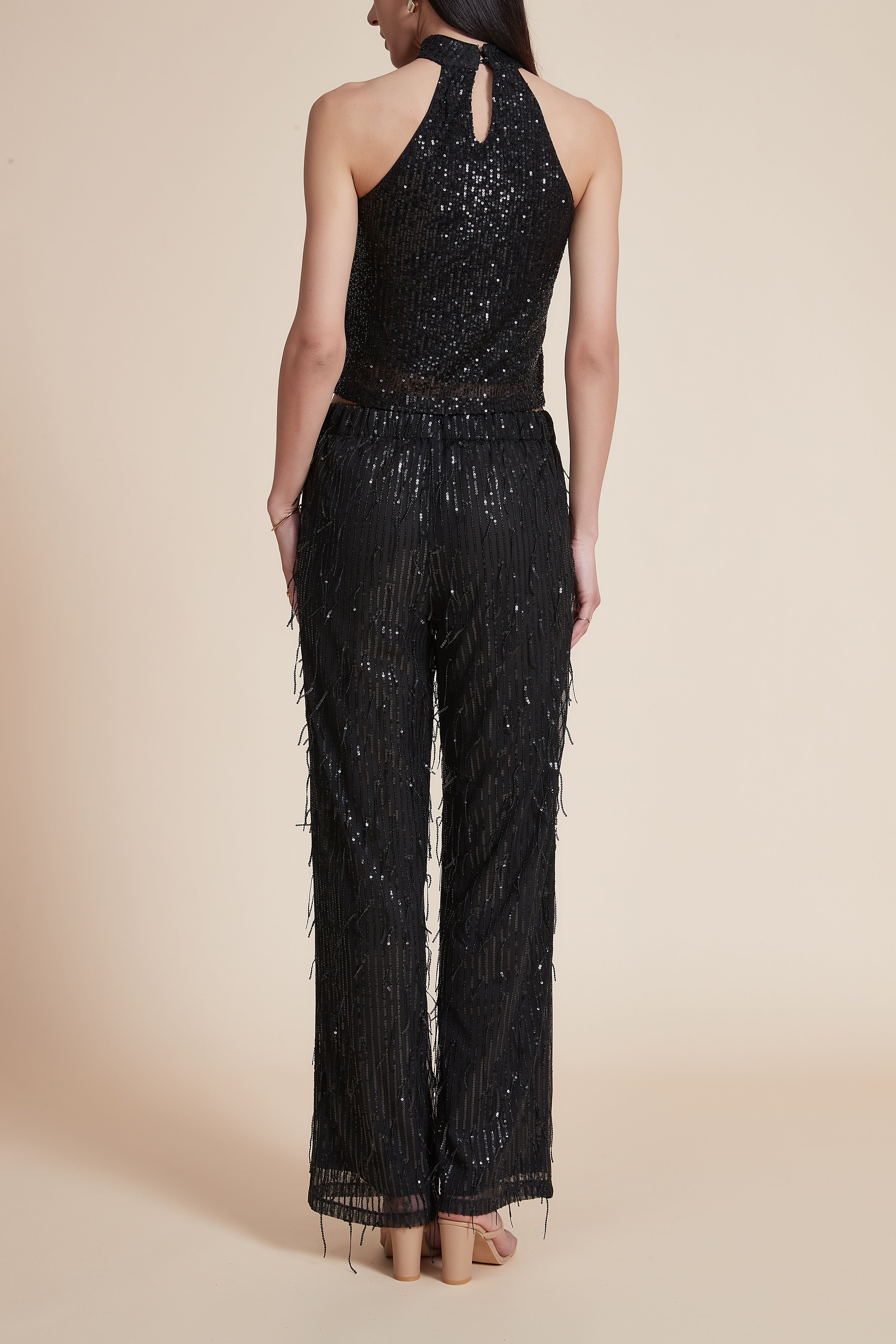 Long Pants with Metallic Embroidery and Wide Legs