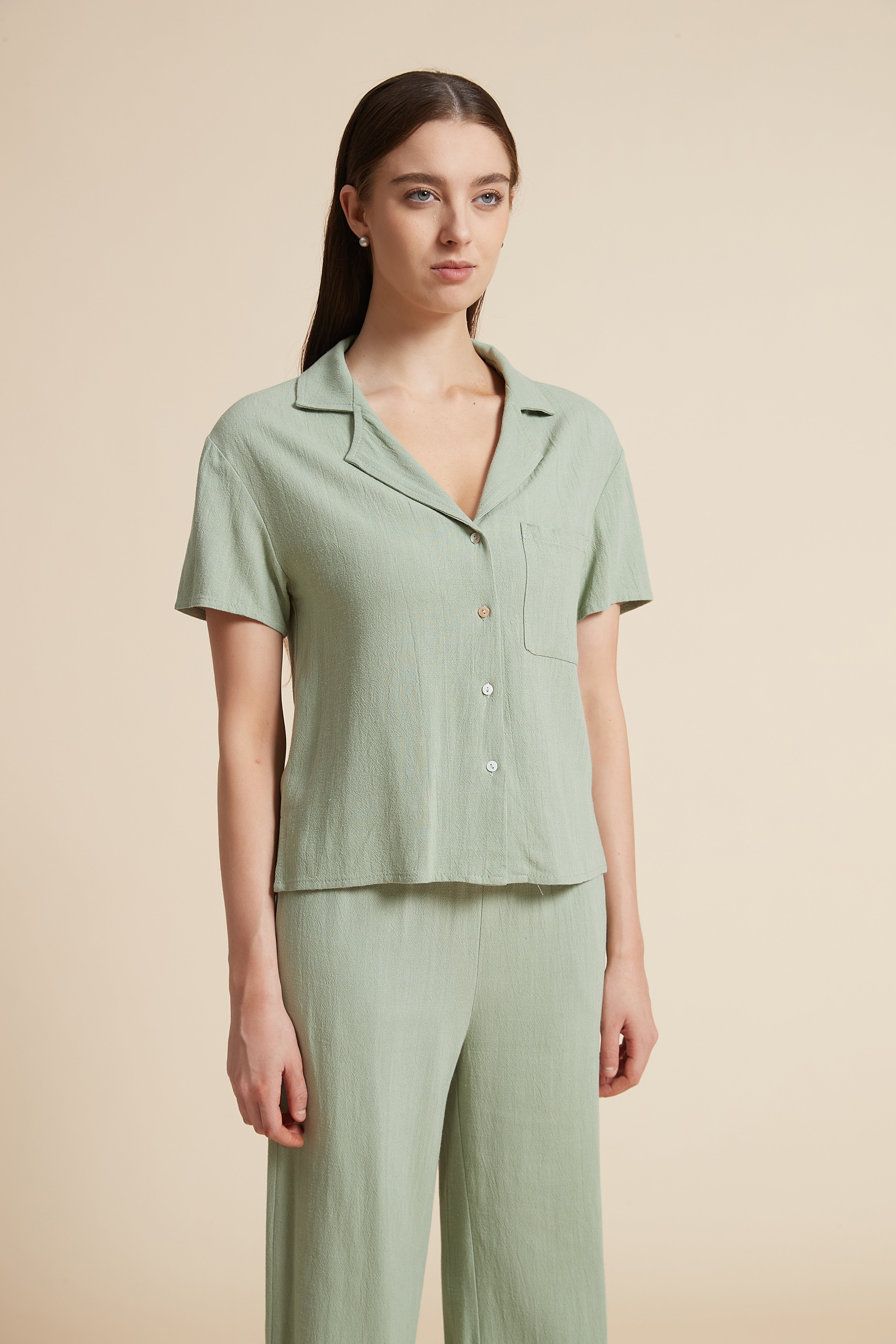 Solid Short Sleeve Blouse with Front Buttons