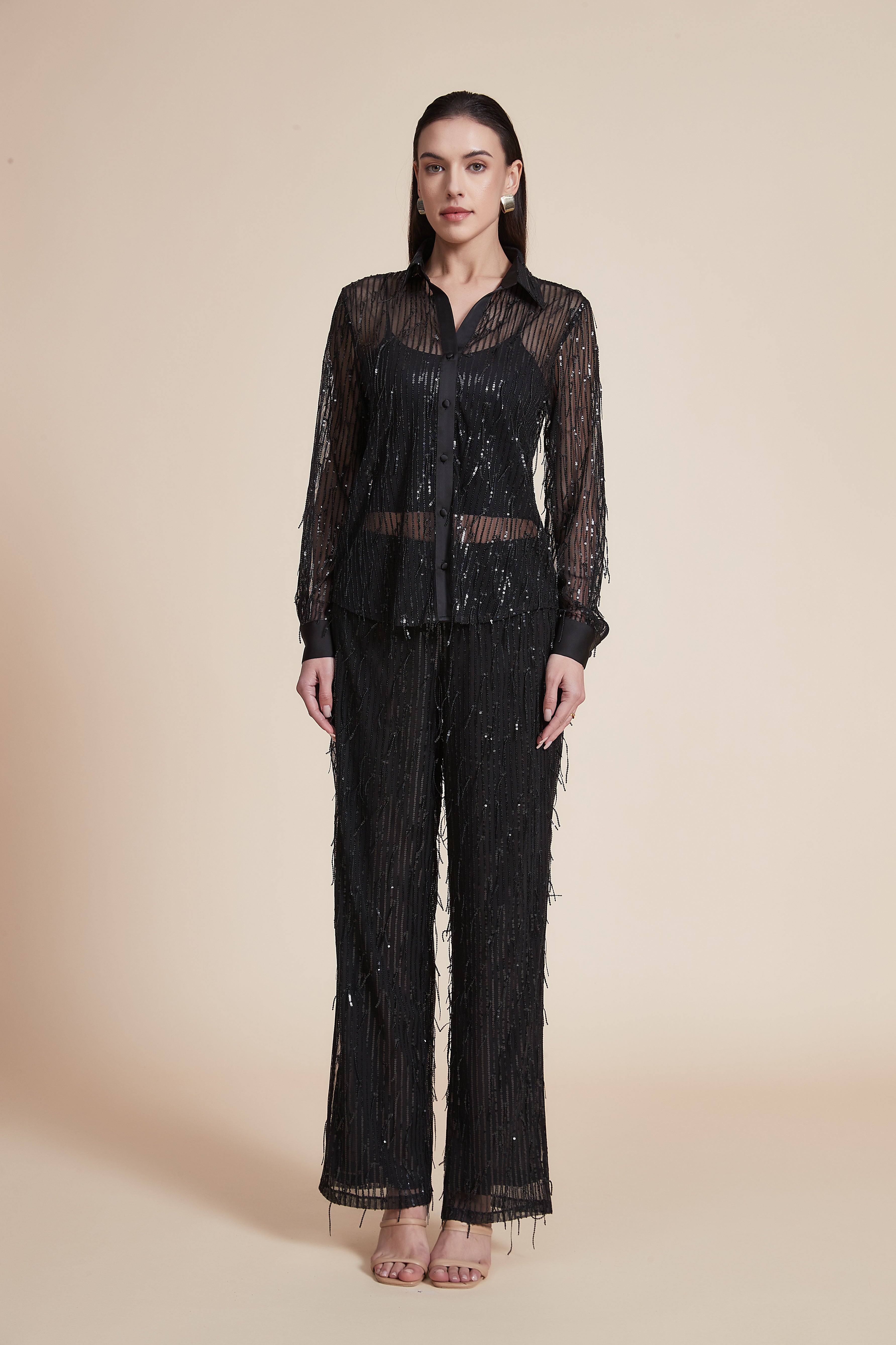 Long Pants with Metallic Embroidery and Wide Legs