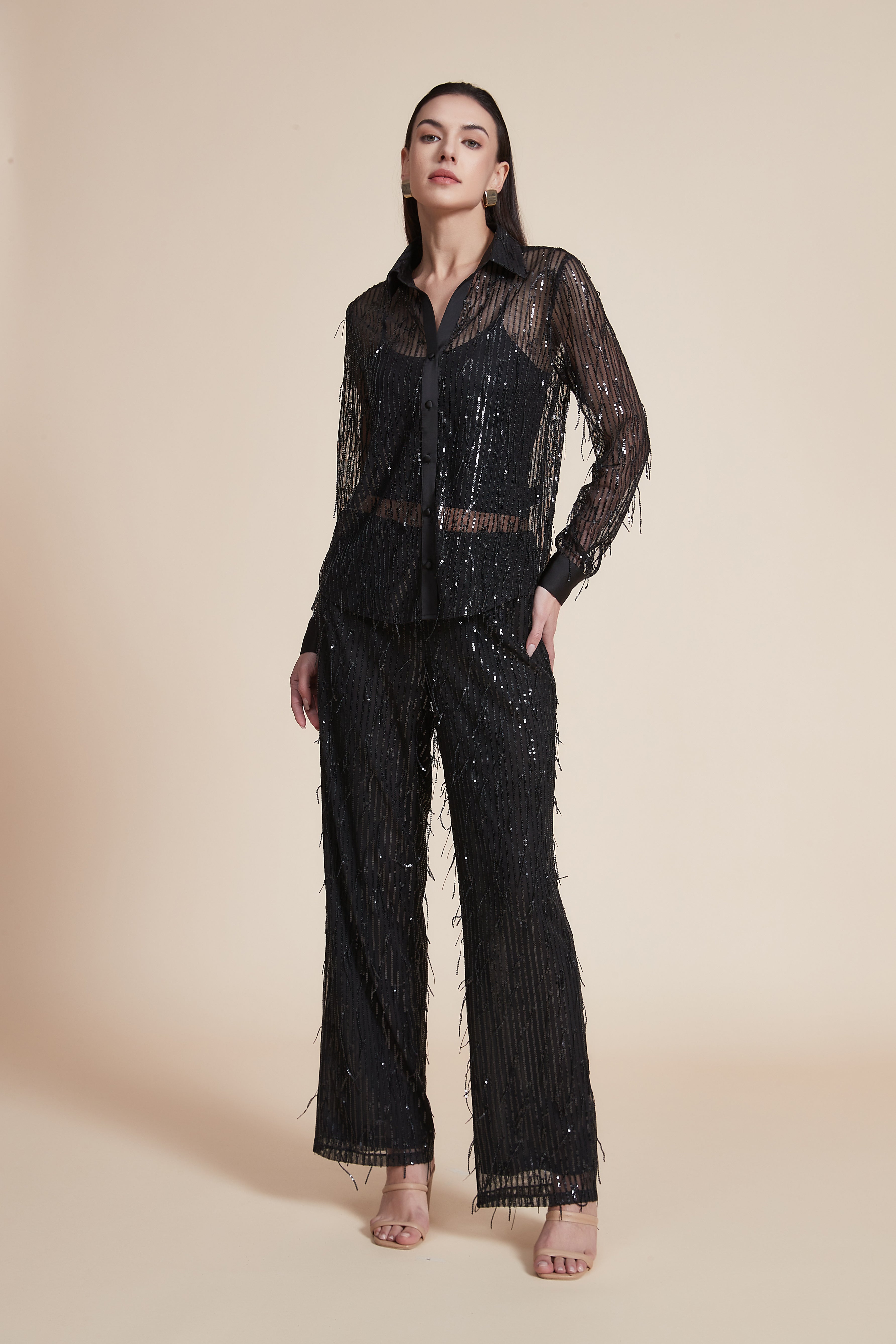 Long Pants with Metallic Embroidery and Wide Legs