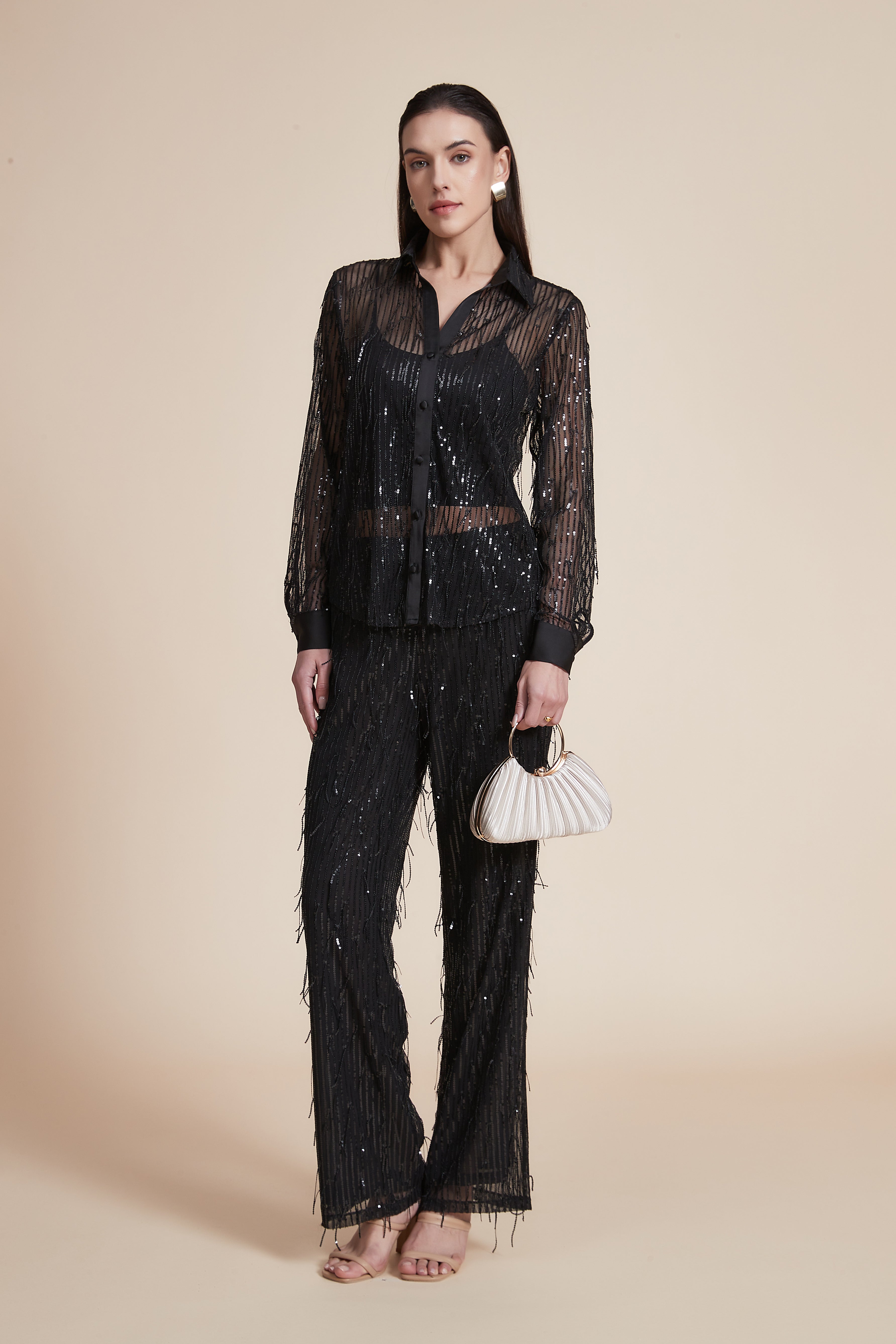 Long Pants with Metallic Embroidery and Wide Legs