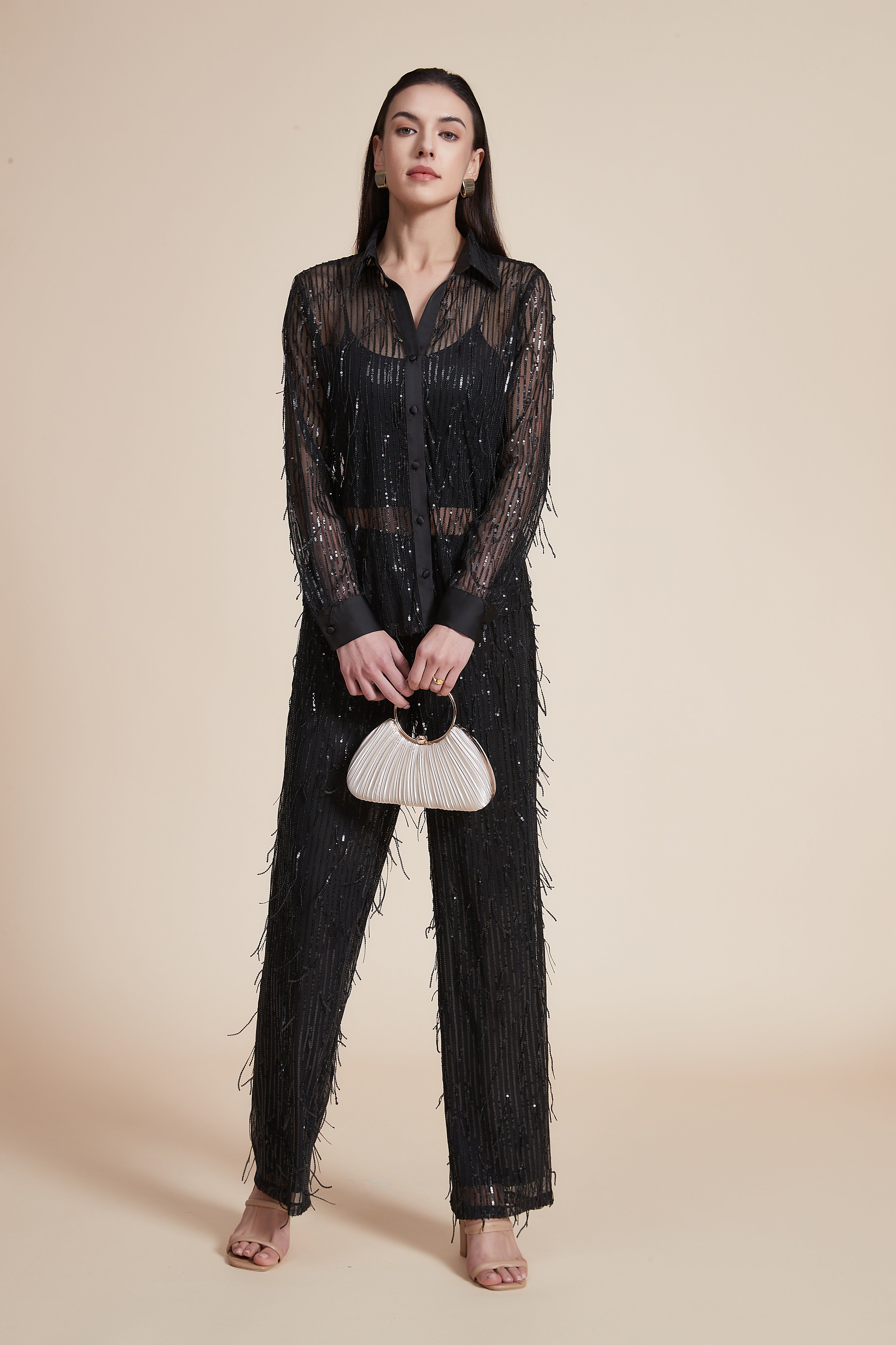 Long Pants with Metallic Embroidery and Wide Legs