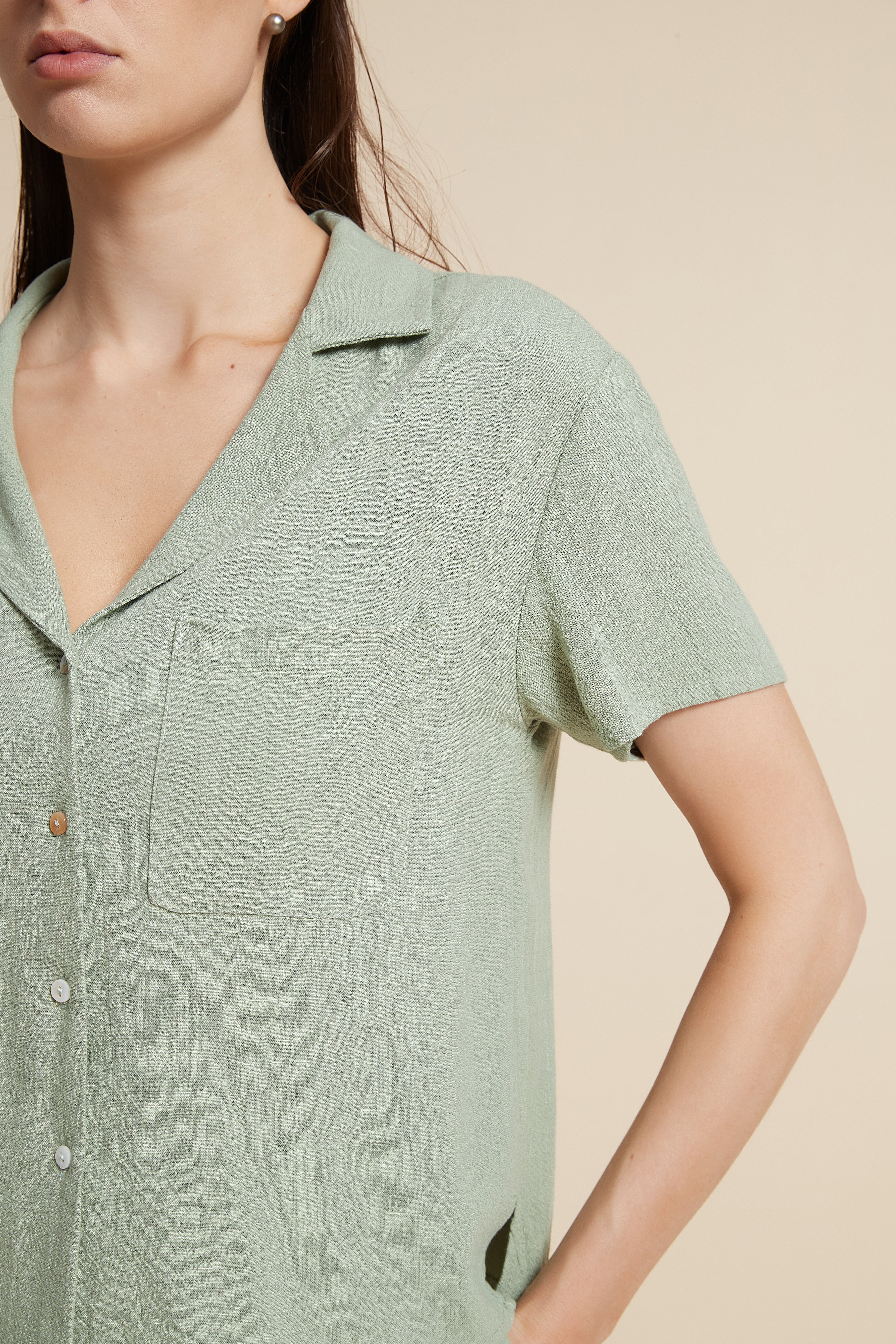 Solid Short Sleeve Blouse with Front Buttons