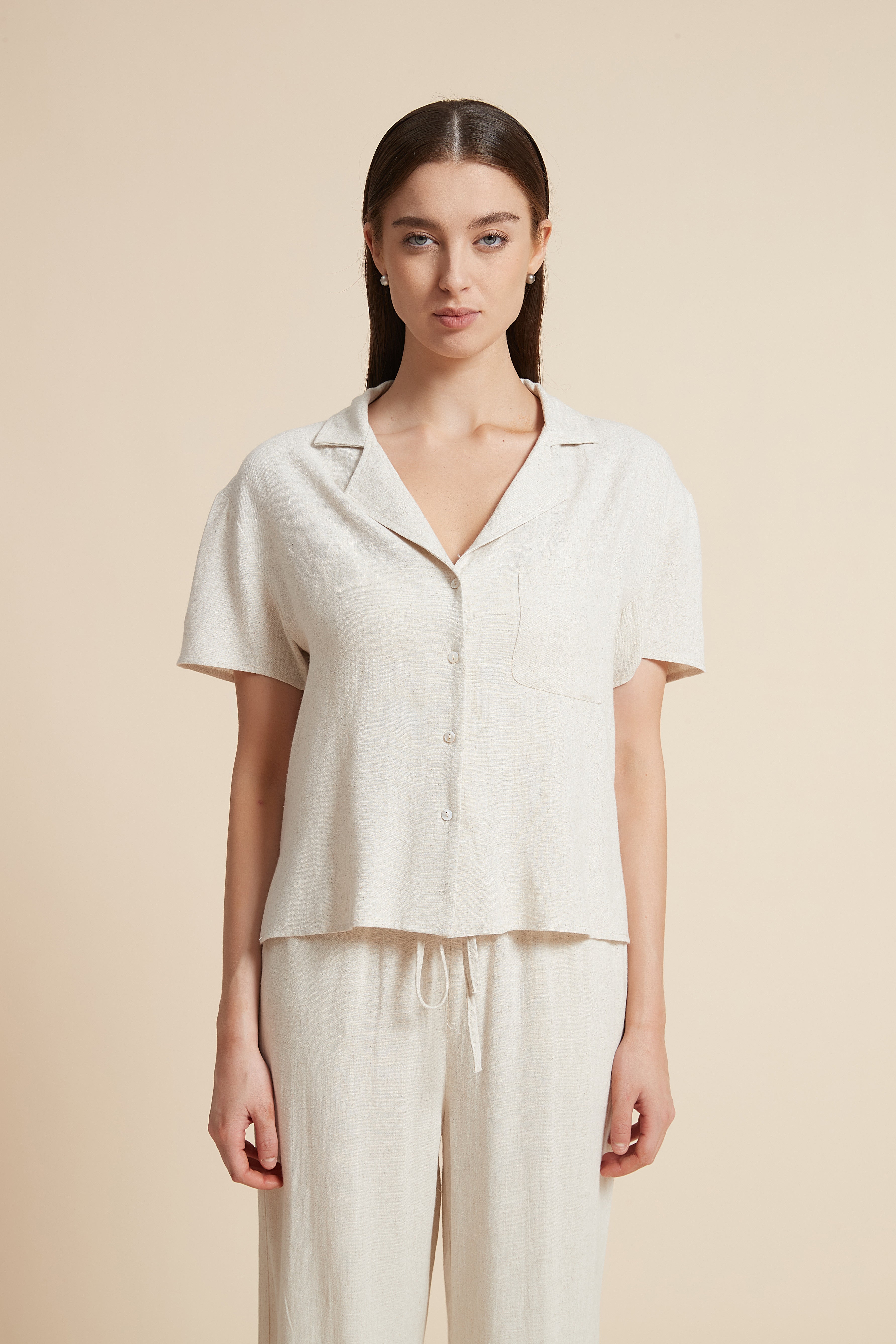 Solid Short Sleeve Blouse with Front Buttons