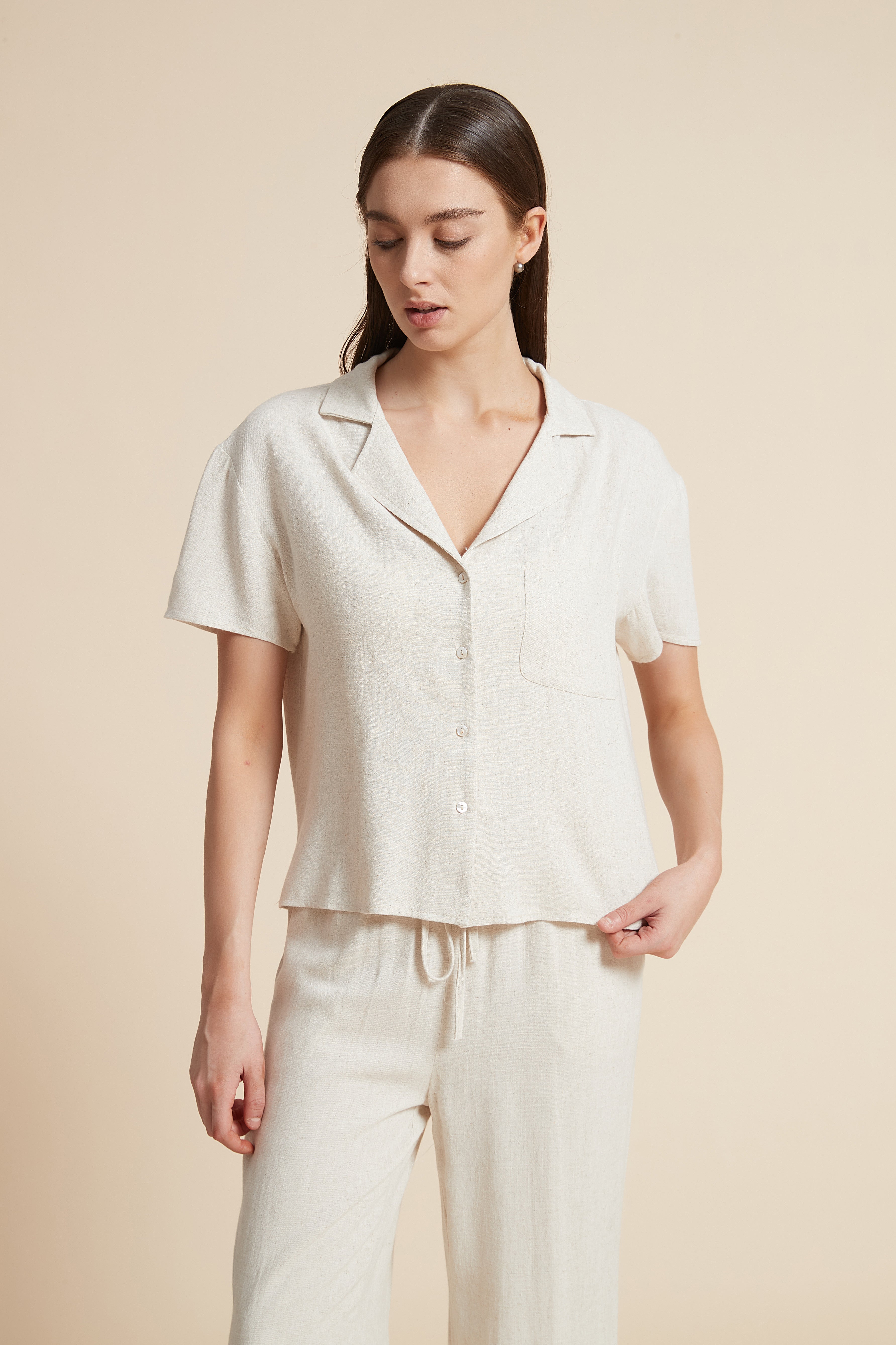 Solid Short Sleeve Blouse with Front Buttons