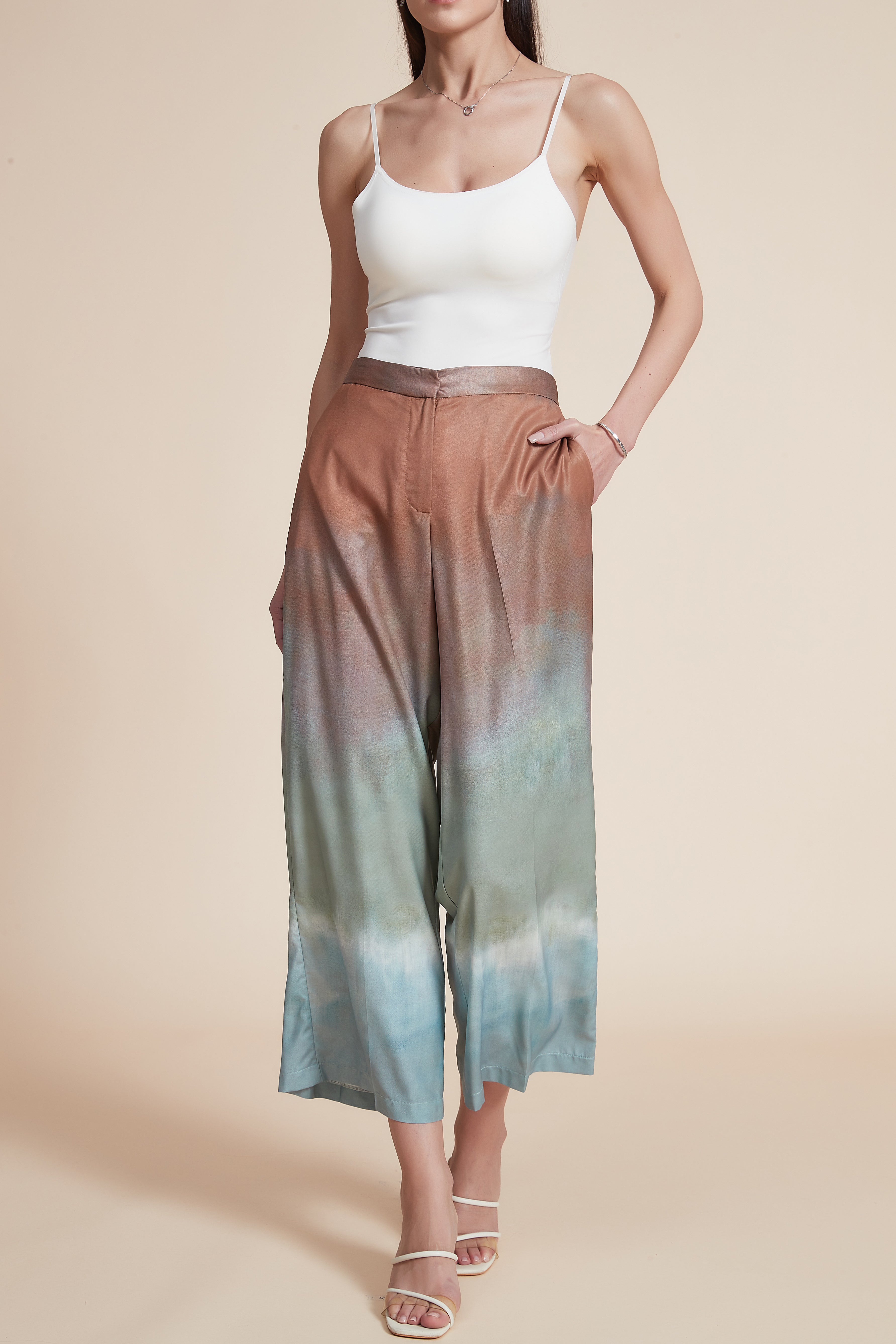High-Waisted Wide-Leg Printed Midi Pants