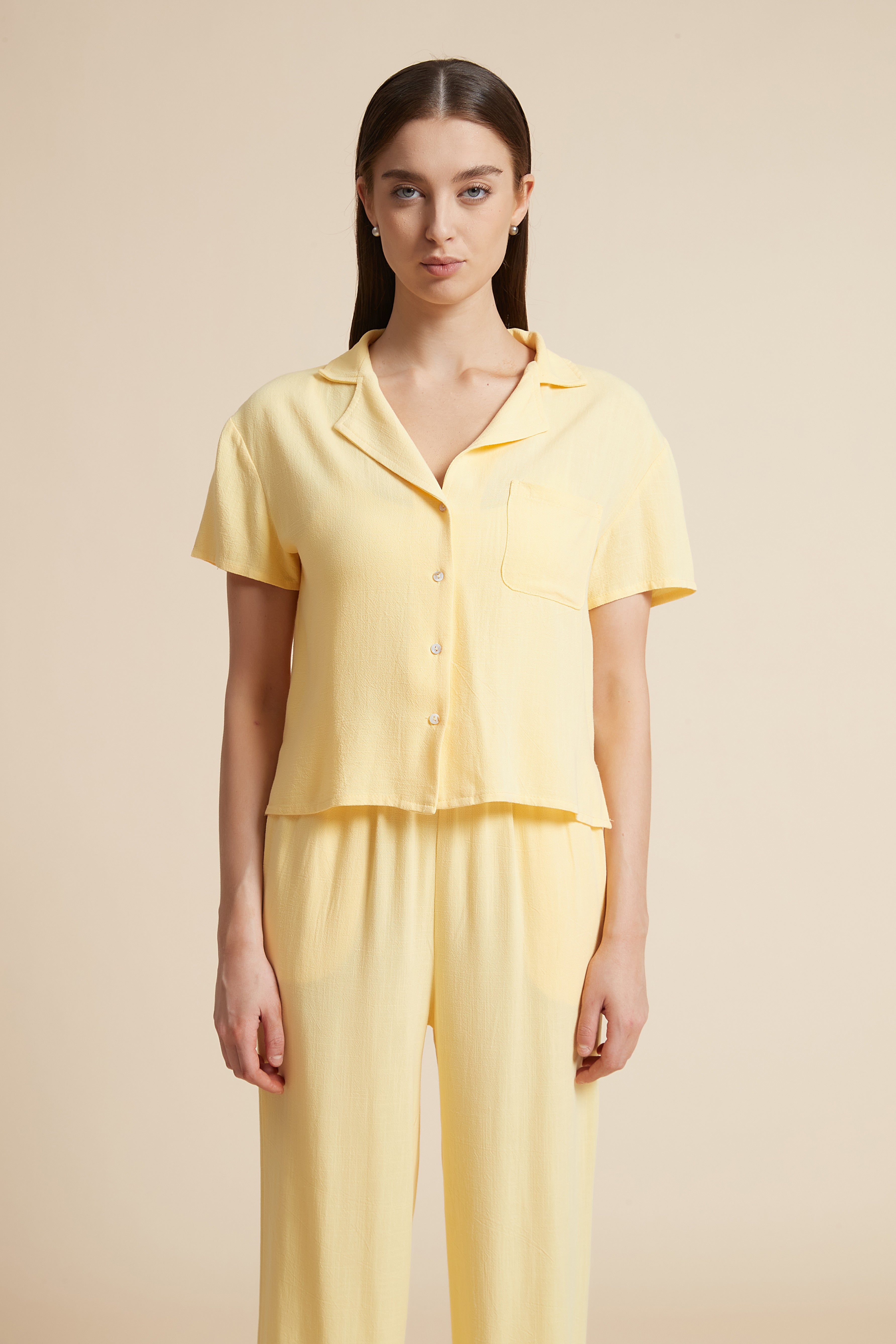 Solid Short Sleeve Blouse with Front Buttons
