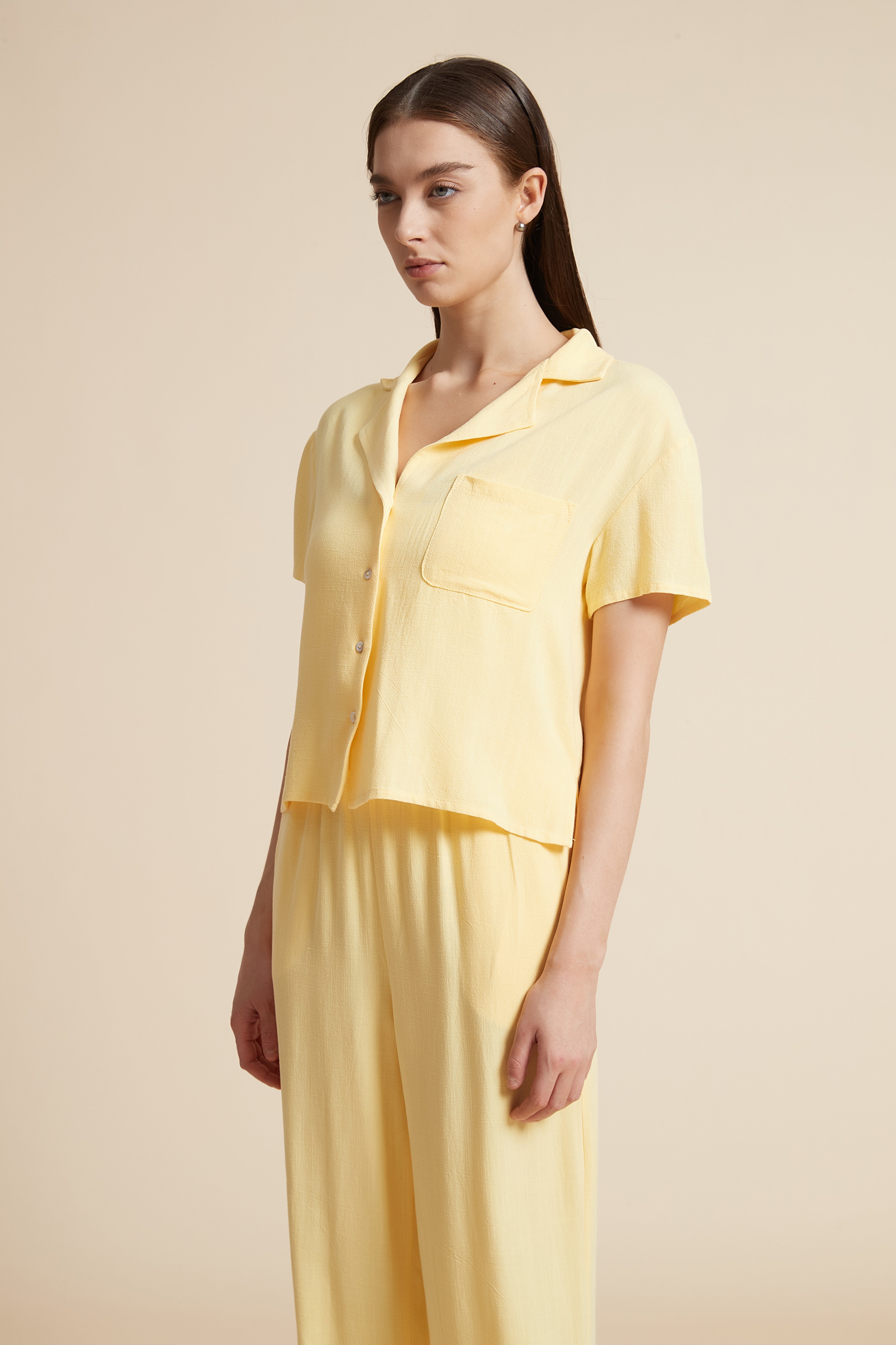 Solid Short Sleeve Blouse with Front Buttons